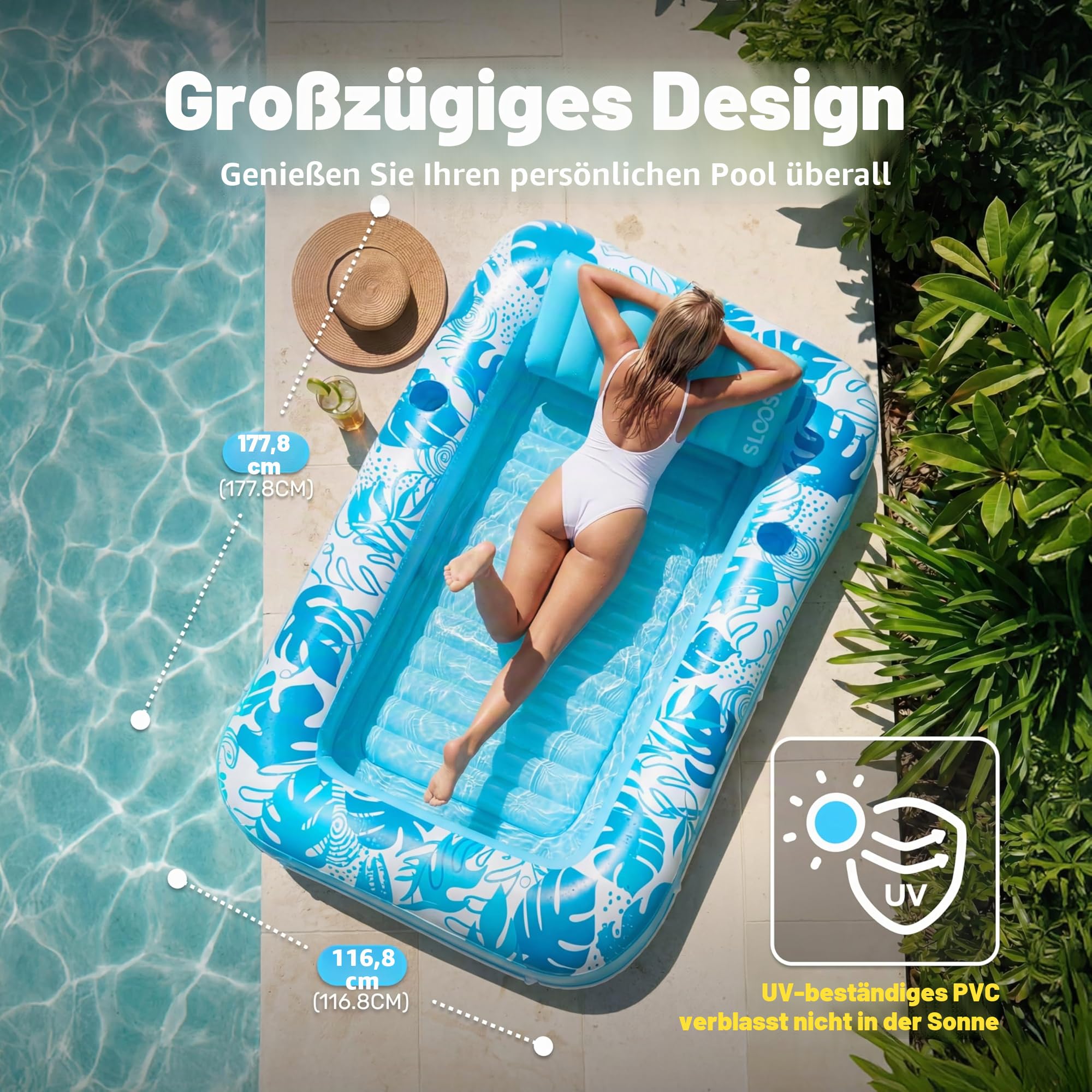SLOOSH Aufblasbare Tanning Pool 70" x 46" 85" x 57" Luftmatratze für Erwachsene mit Kissen 4-in-1-Sonnenliege