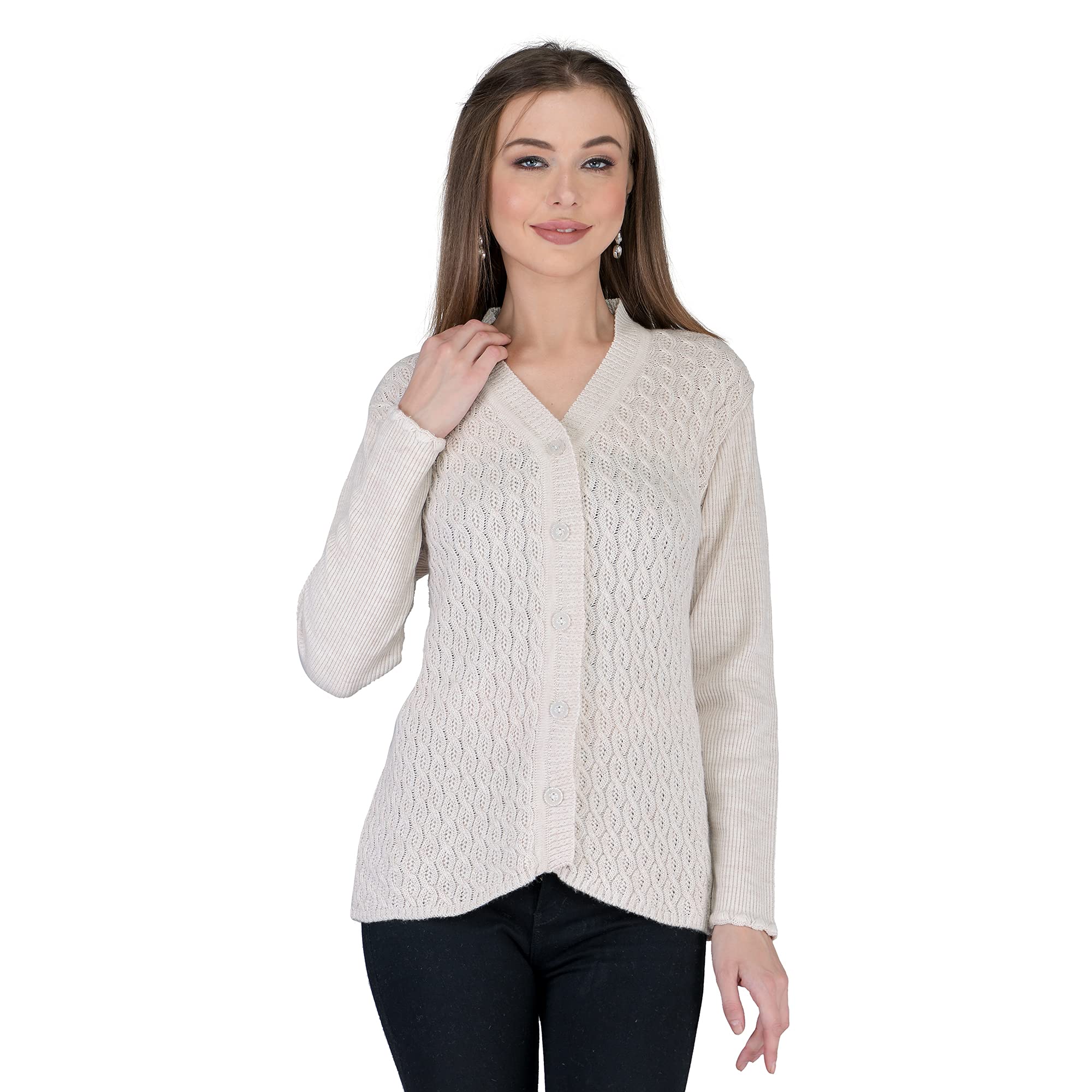 lady willington Women Woolen V-Neck Self Design Heavy Daffodil Fabric Cardigan Winter Wear Pure Wool Cardigan for Women Free Size Long Cotty Fully Warm Cardigans with Pockets-picture-17
