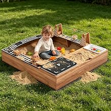Kids Wooden Sandbox Cedar Wood Outdoor Sandpit with Magnetic Truck, 2 Toy Buckets, 3 Reinforced Benches, Bottom Liner Fun Sand Play Theme for Backyard, Garden, Patio, Lawn
