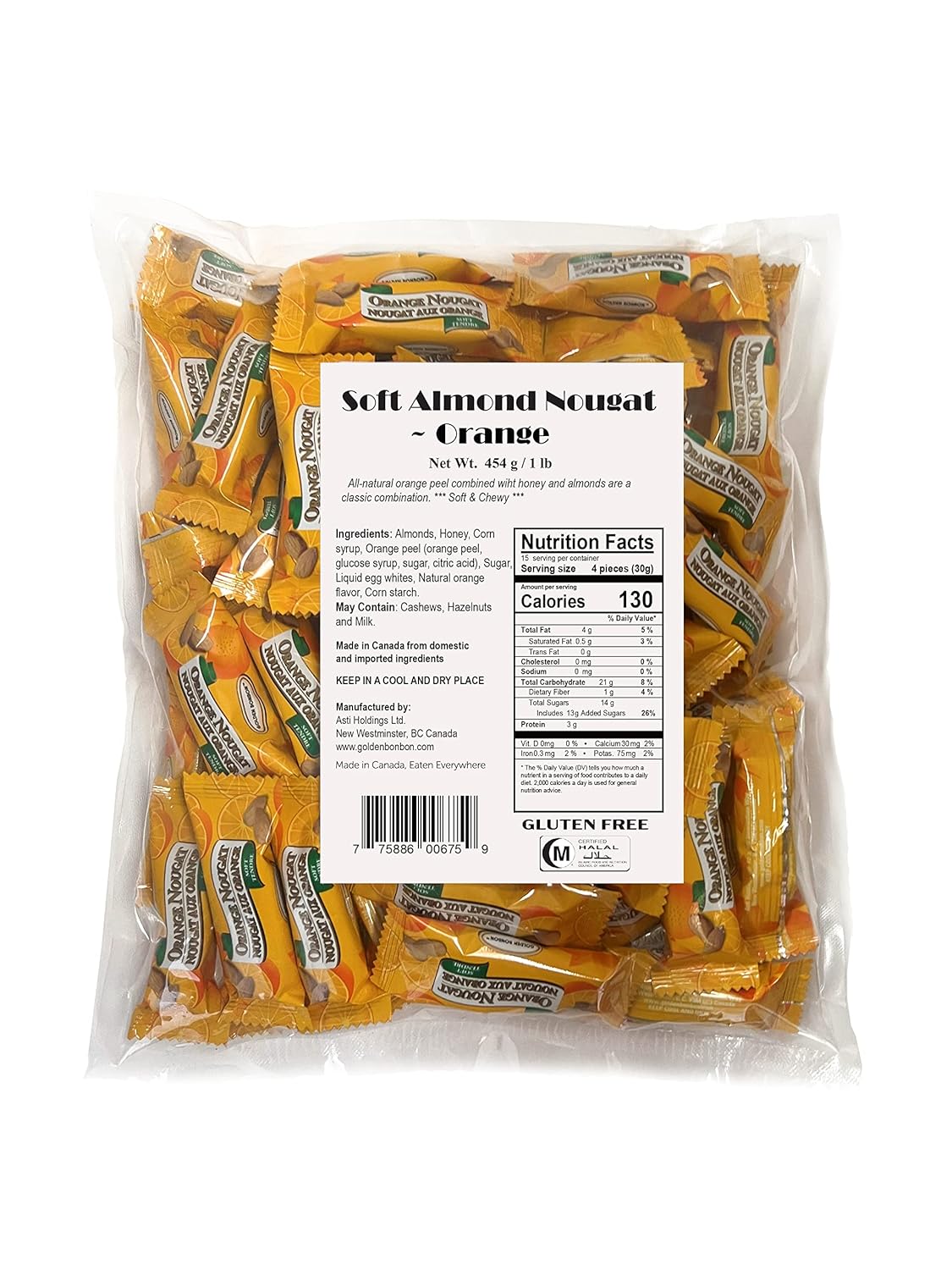 Golden Bonbon Italian Soft Almond Nougat Candy, Individually Packed Chewy, Gluten Free Nougat, Full of Almonds, Halal Candy (16 Oz, Almond Orange)