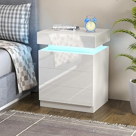 Chevet Moderne VASAGLE 3 Tiroirs, Bande LED Intégrée, Ambiance Colorée, Blanc