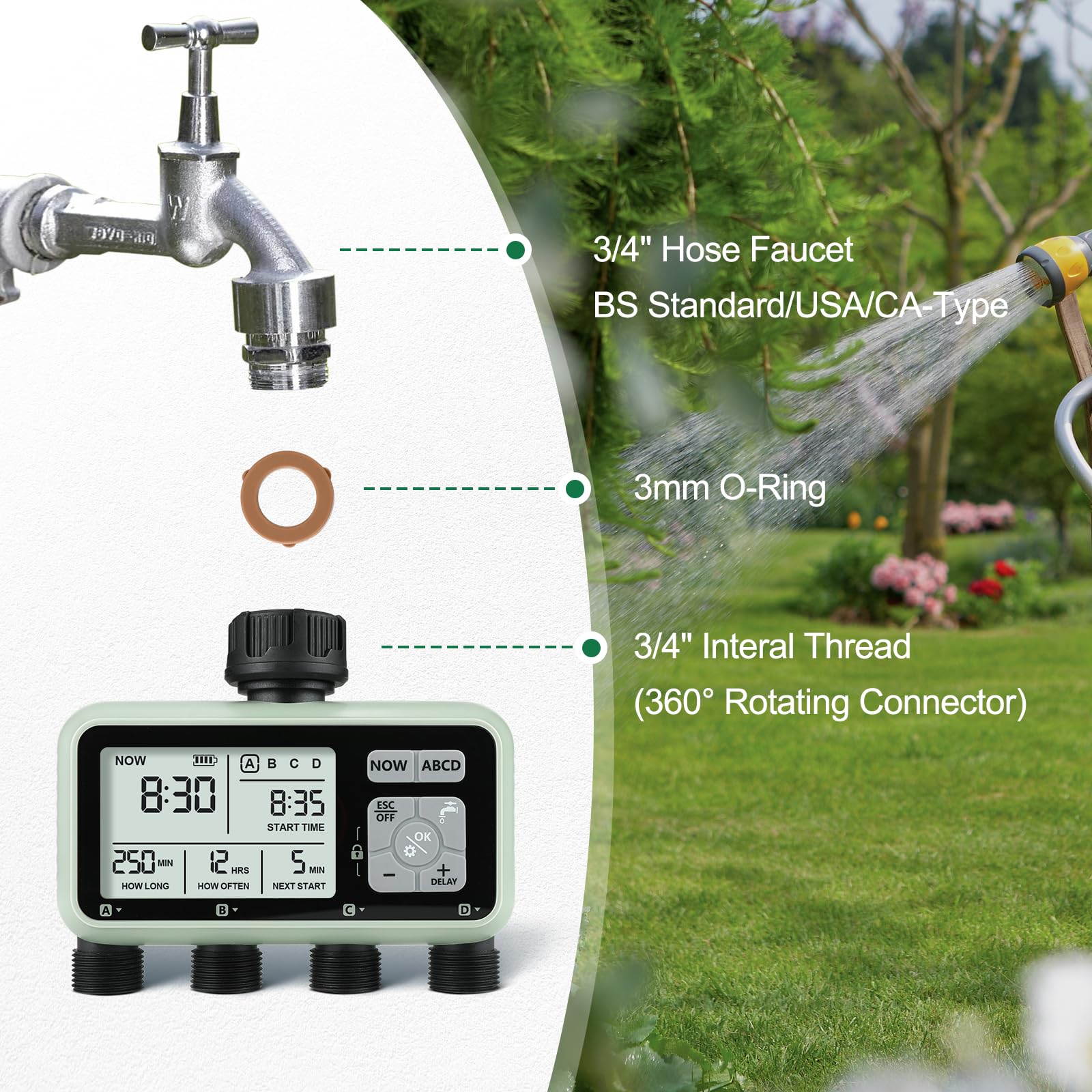 CROSOFMI Bewässerungscomputer 4 Ausgänge Garten Wasser Zeitschaltuhr Automatische Bewässerung/LCD-Bildschirm/Einfache Bedienung/Kindersicherung/Verzögerung bei starkem Regen/Manuelle Bewässerung