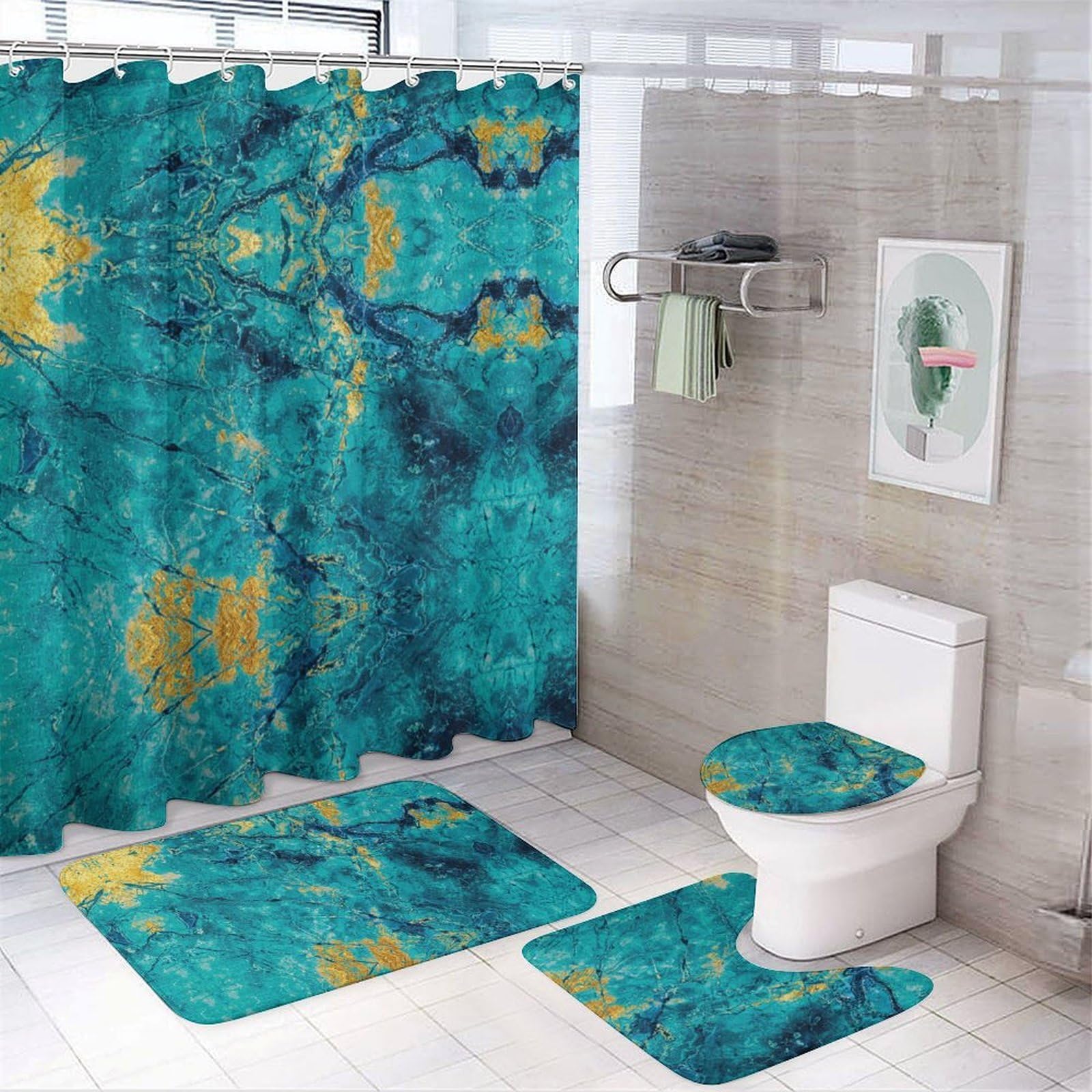 JZemdybill Bathroom Mat Set 4 Piece, Teal Marble Shower Curtain with Non-Slip Bath Mats for Bathroom