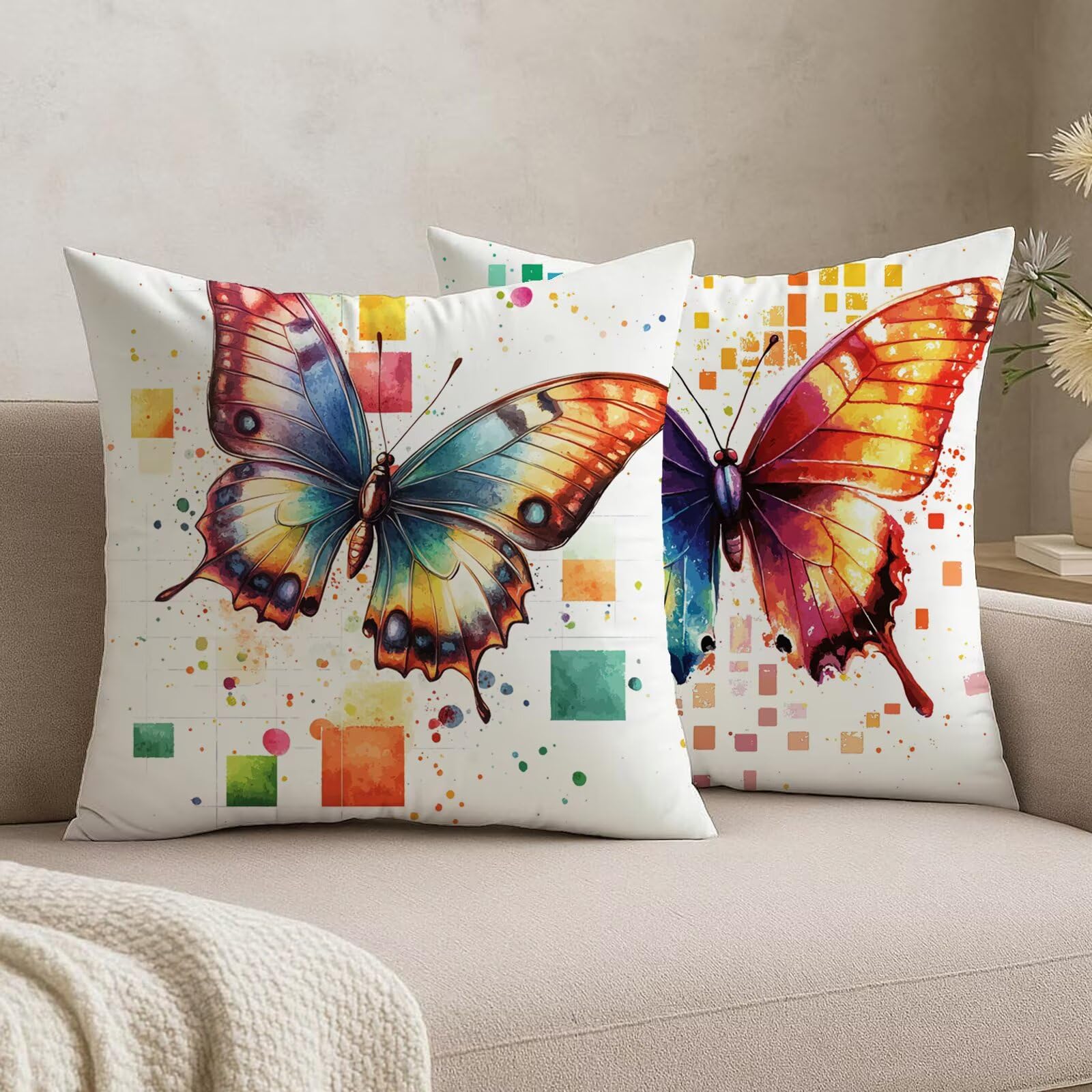 Housse coussins papillons colorés en velours blanc 50x50 pour taie d'oreiller