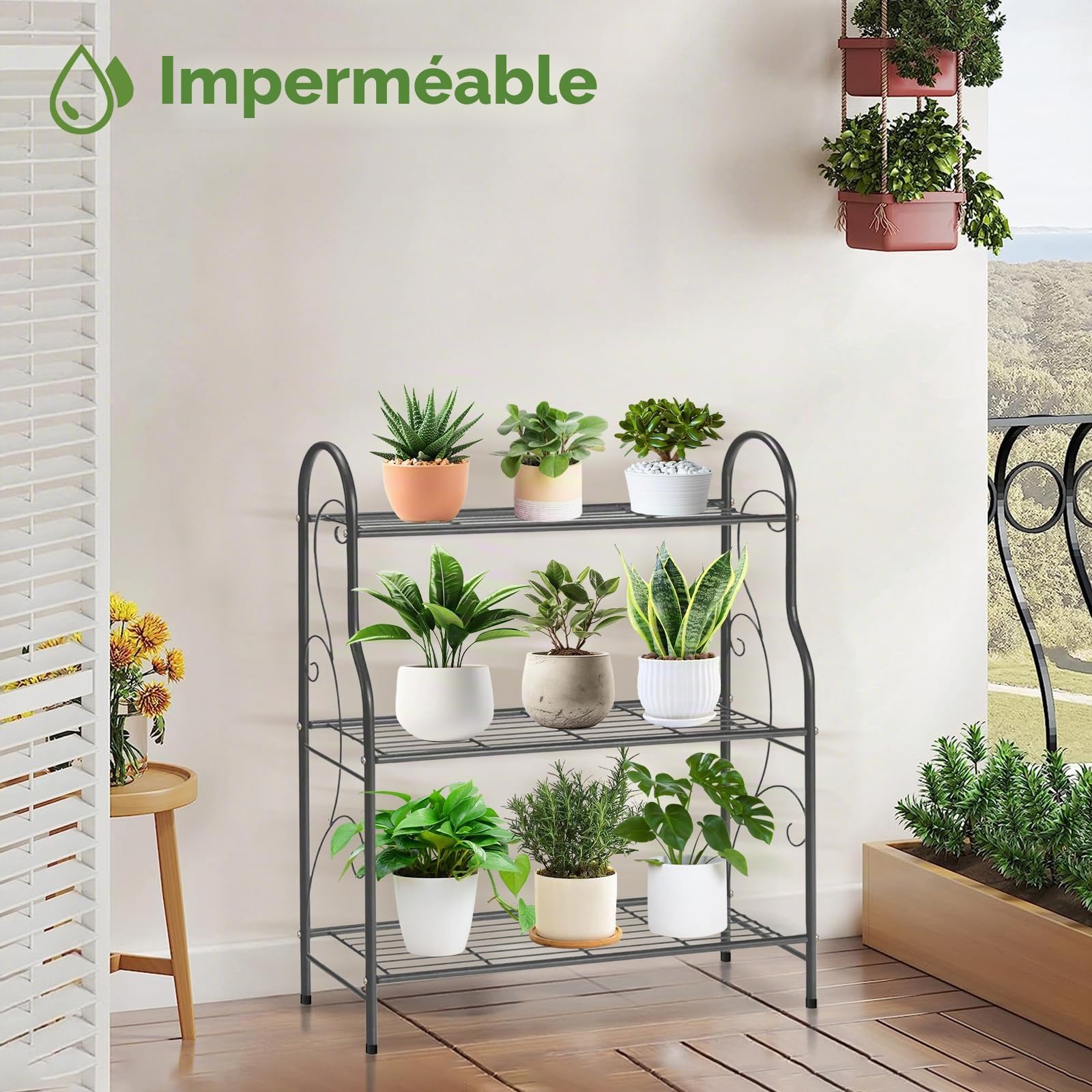 Support pour plantes à 3 niveaux, étagère échelle en métal pour plantes d'intérieur et d'extérieur, étagère étanche pour le salon, le balcon, le jardin