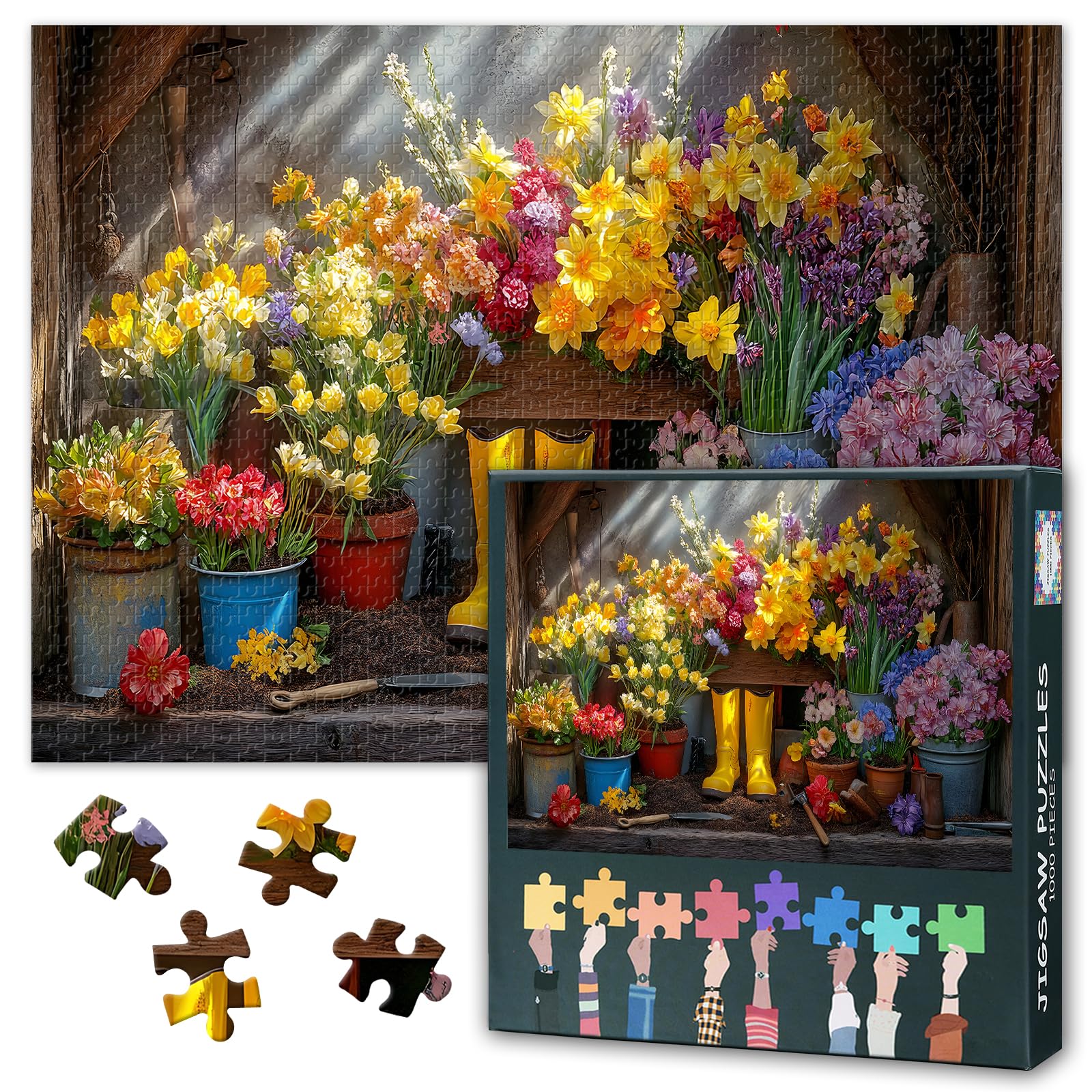1000 Piece Jigsaw Puzzle for Adults Vibrant Spring Flowers in Terracotta Pots and Yellow Rain Boots Jigsaw Puzzles Whimsical Gardening Paper Puzzles 50.5x70.5cm