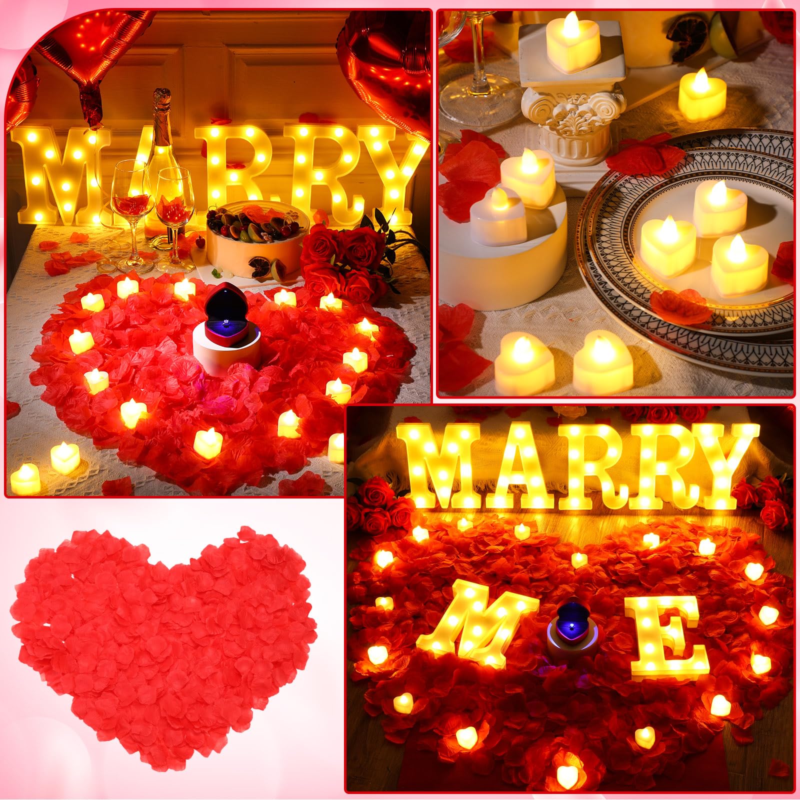 Aurelema Zestaw dekoracji oświadczyn Marry Me Light up Letters 6000 płatków róży, 72 romantyczne świece w kształcie serca, 10 balonów, dywan, czerwona wstążka, 1 pudełko na pierścionki, maska na oczy