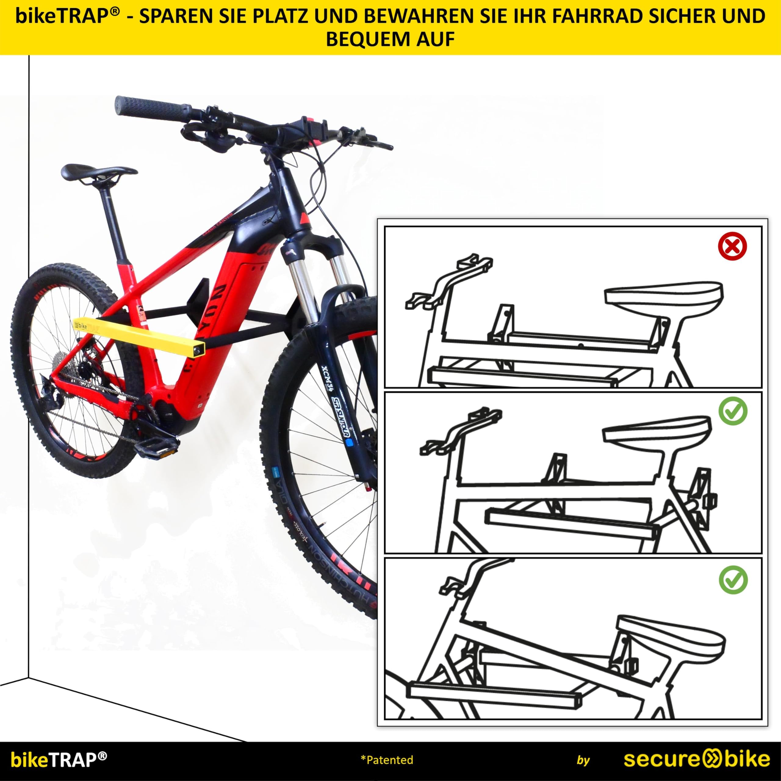 Fahrradträger und Schloss in einem, zum Aufhängen von bis zu 2 Fahrrädern. Hochsicherer Wandfahrradständer und Anti-Diebstahl-Schloss für Garage, Hinterhof, Abstellraum, etc.