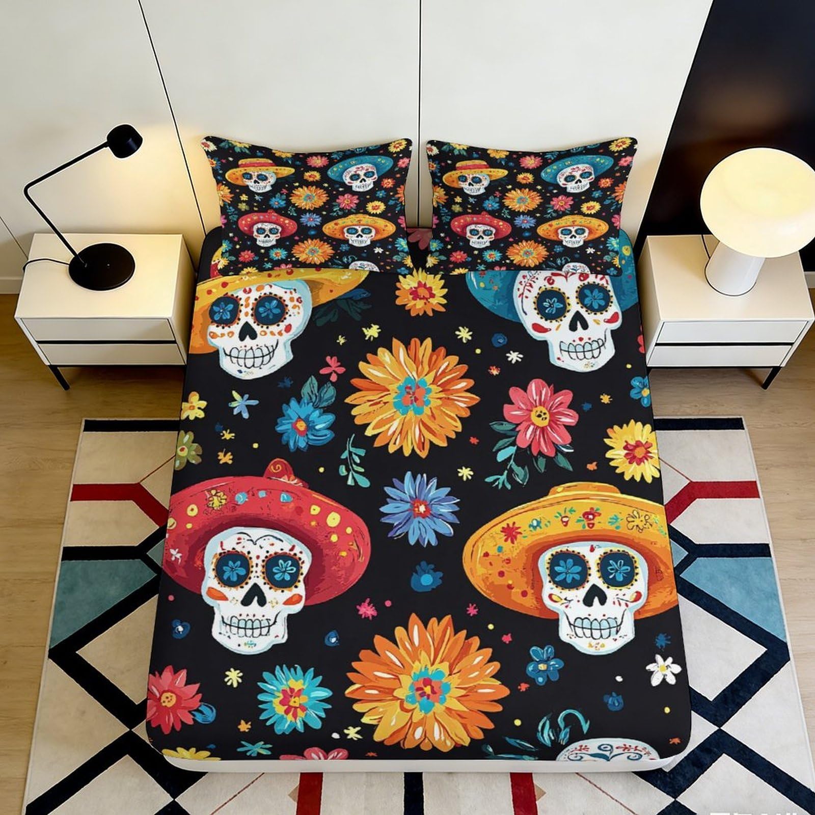 3D Printed Colorful Skull Floral Fitted Sheet Microfiber Soft Black Mattress Cover for Bedroom Guestroom Decor 90x200x25cm