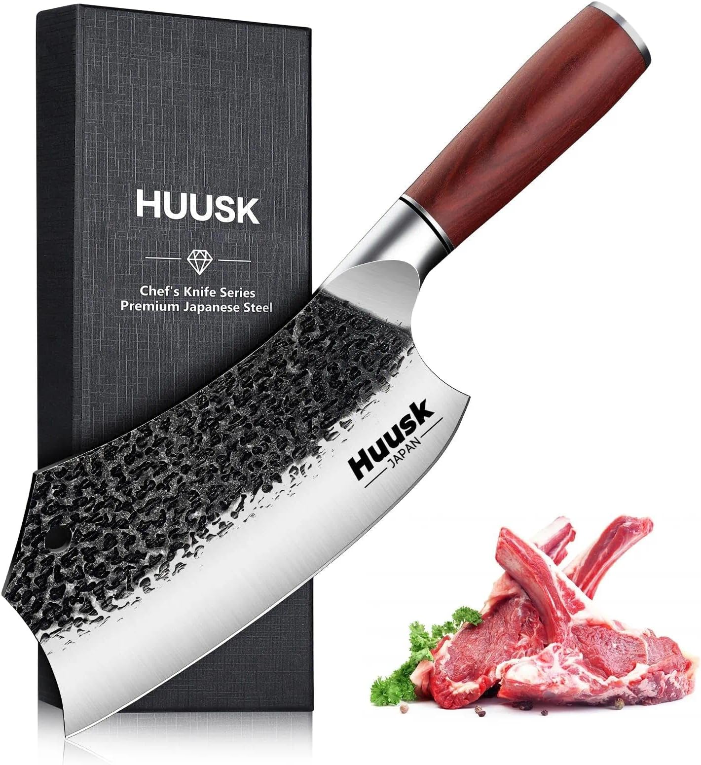 Huusk Cleaver Knife, 7 Inch Meat Cleaver Heavy Duty, Hand Forged Chopper Knife, High Carbon Steel with Wood Handle, Japanese Cleavers for Cutting Meat and Vegetable, Christmas Gifts for Men and Women