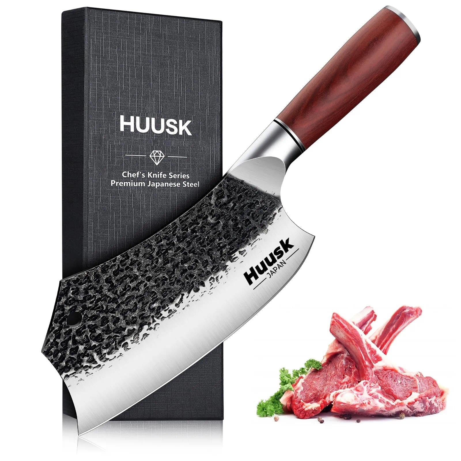 Huusk Cleaver Knife, 7 Inch Meat Cleaver Heavy Duty, Hand Forged Chopper Knife, High Carbon Steel with Wood Handle, Japanese Cleavers for Cutting Meat and Vegetable, Christmas Gifts for Men and Women