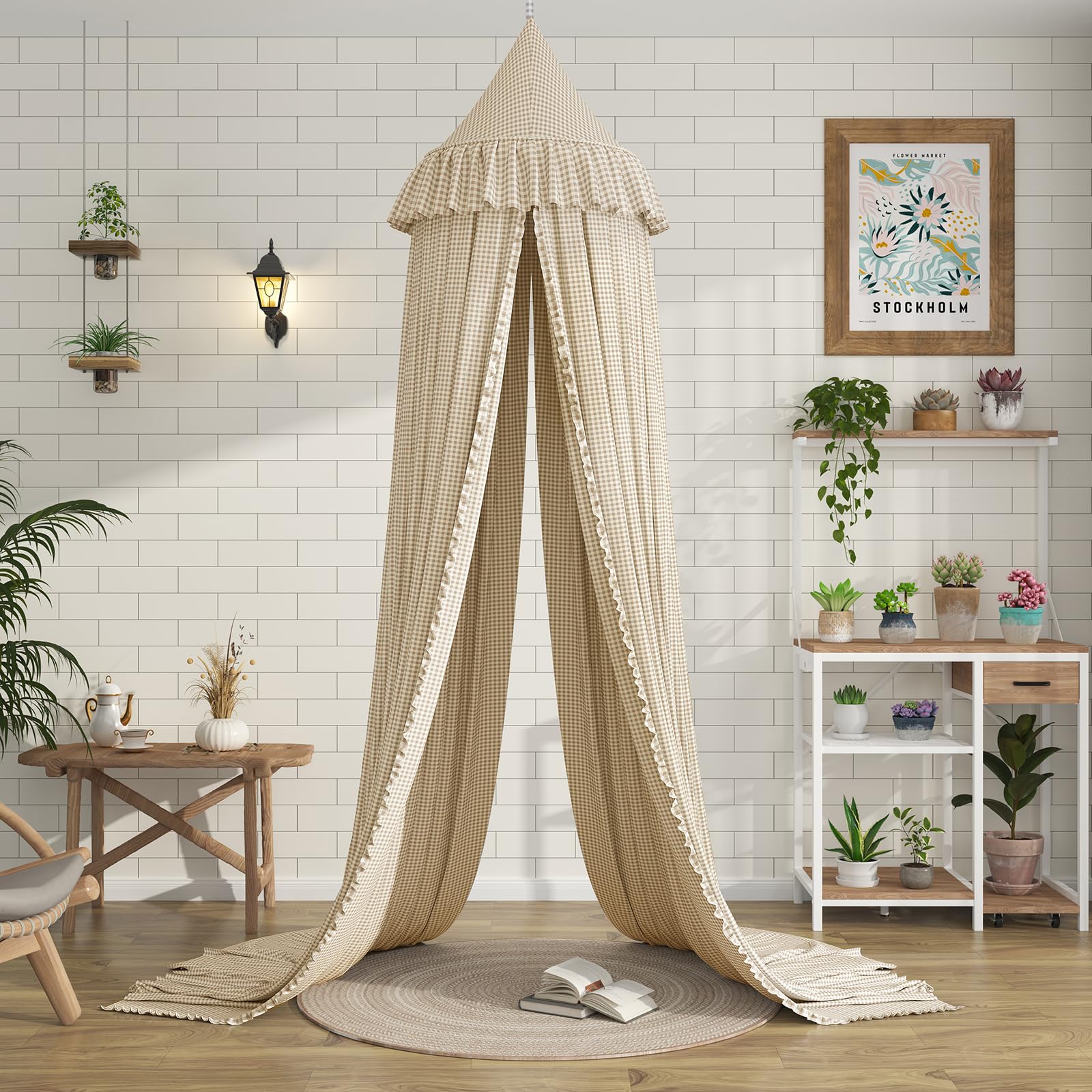 ZIQINPSQ Brown Gingham Ruffled Bed Canopy, 63.5 x 270 cm