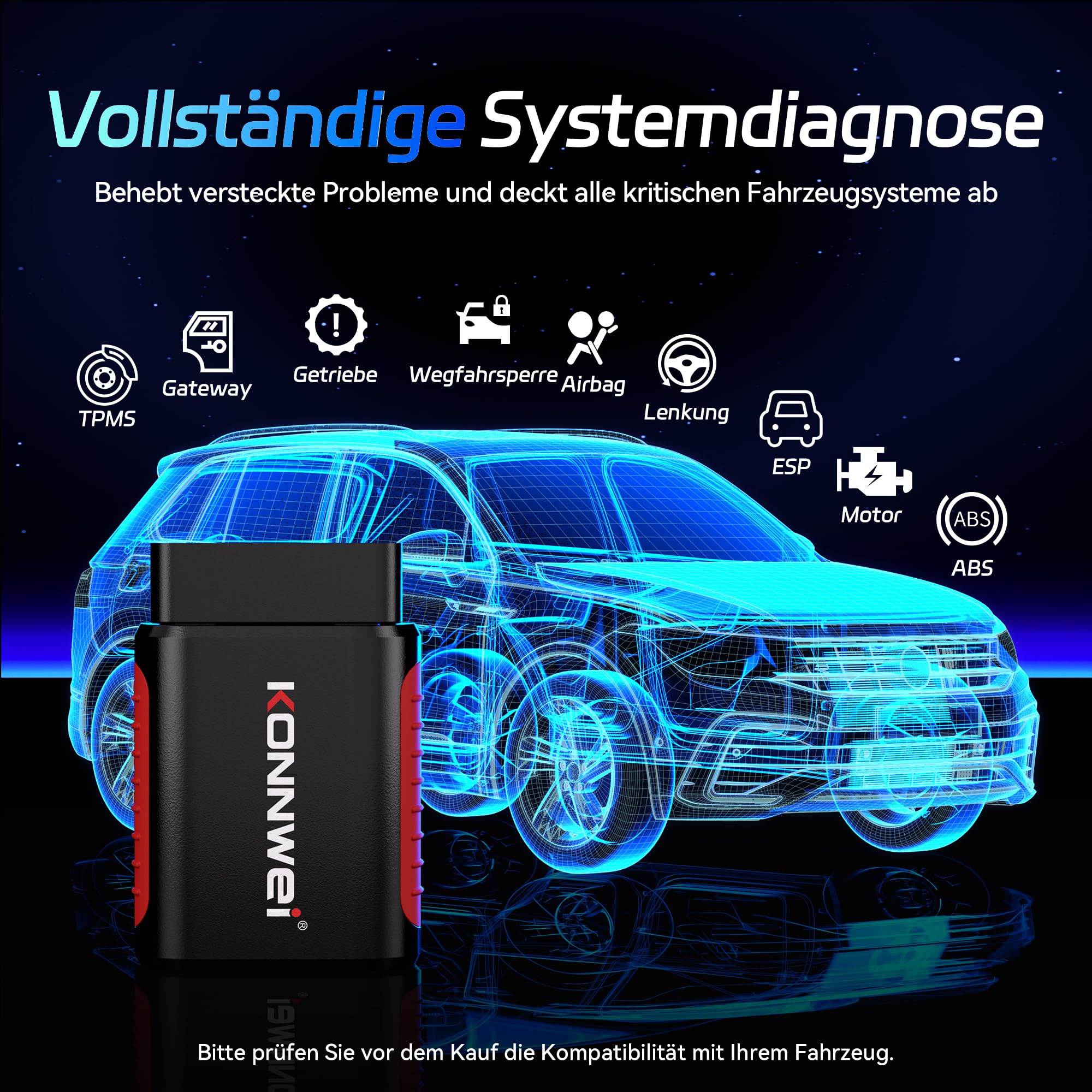 KONNWEI OBD2 diagnosegerät Auto, OBD2 Bluetooth 5.2 Adapter für iOS & Android mit Vollständige Systemdiagnose und 5 Servicefunktionen, Kein Abonnement Erforderlich