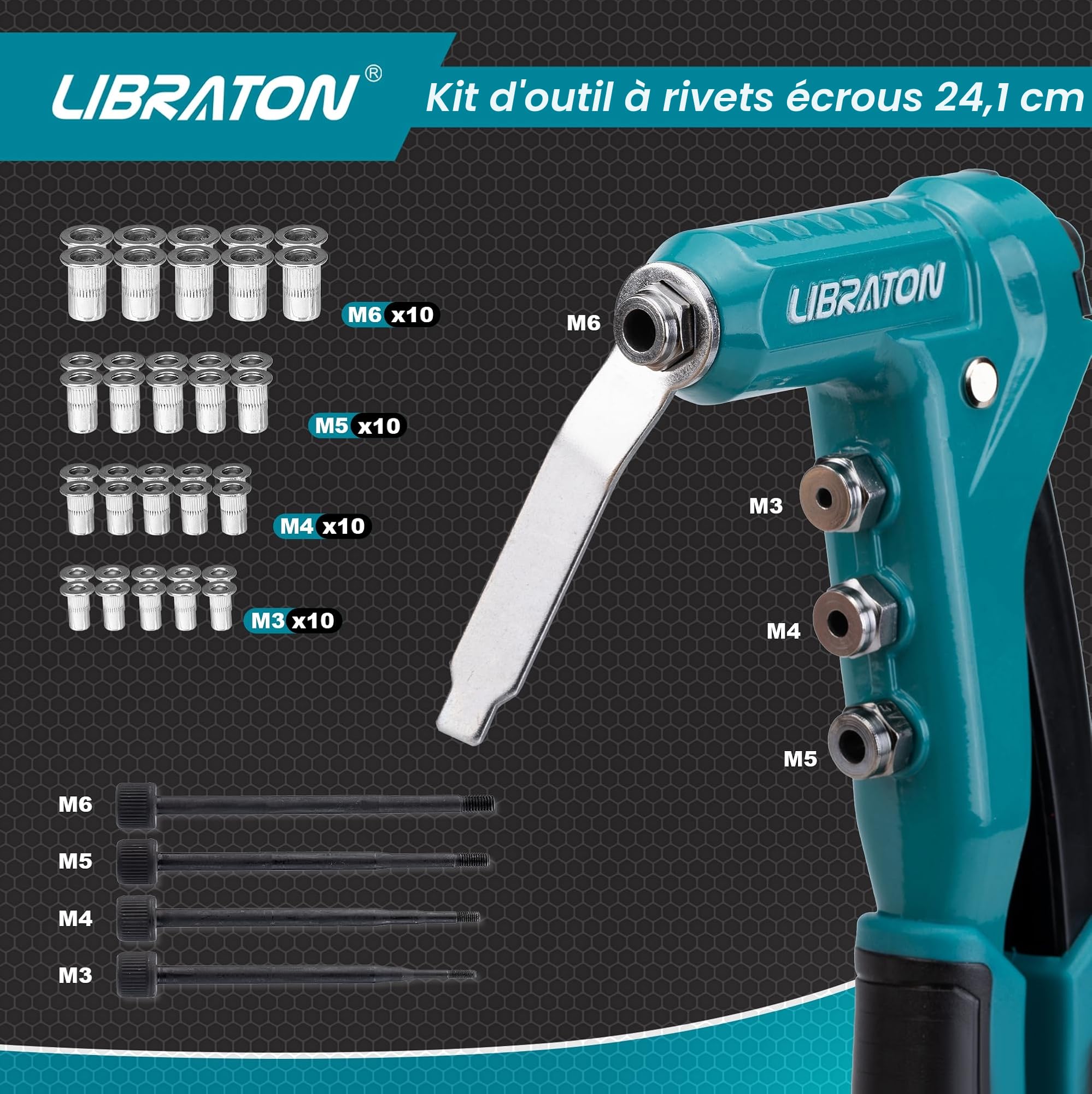Libraton Pince Ecrou a Rivet, Pince à Insert Fileté, Outil d'écrou de rivet de 9,5 pouce, Filetée Rivet Kit avec Écrous e Mandrins M3, M4, M5, M6, Pistolet à Ecrou Rivets Manuelle