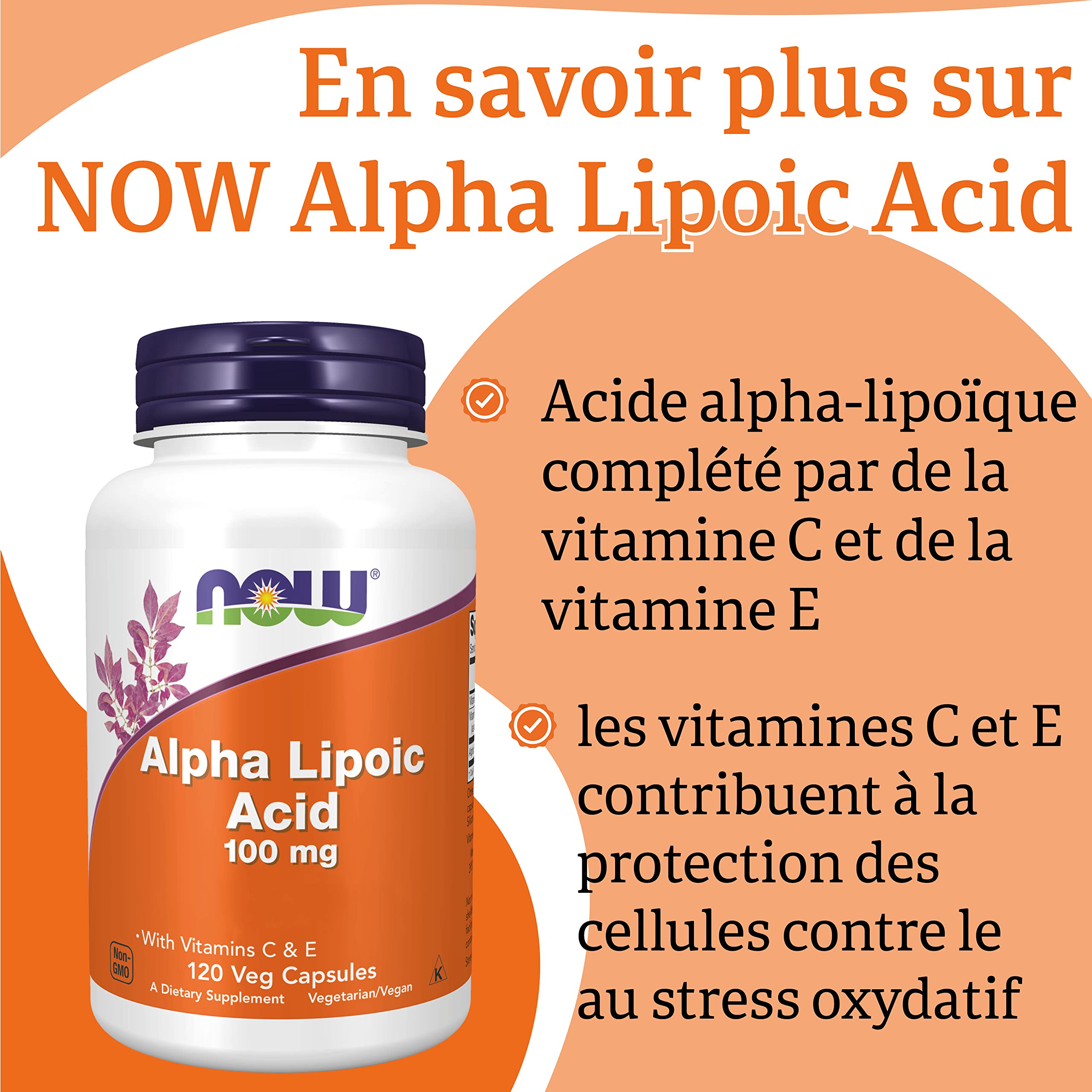Now Foods, Alpha-Lipoic Acid (Acide Alpha-Lipoïque), 100mg, 120 Capsules végétaliennes, Testé en Laboratoire, Sans Gluten, Sans Soja, Sans OGM