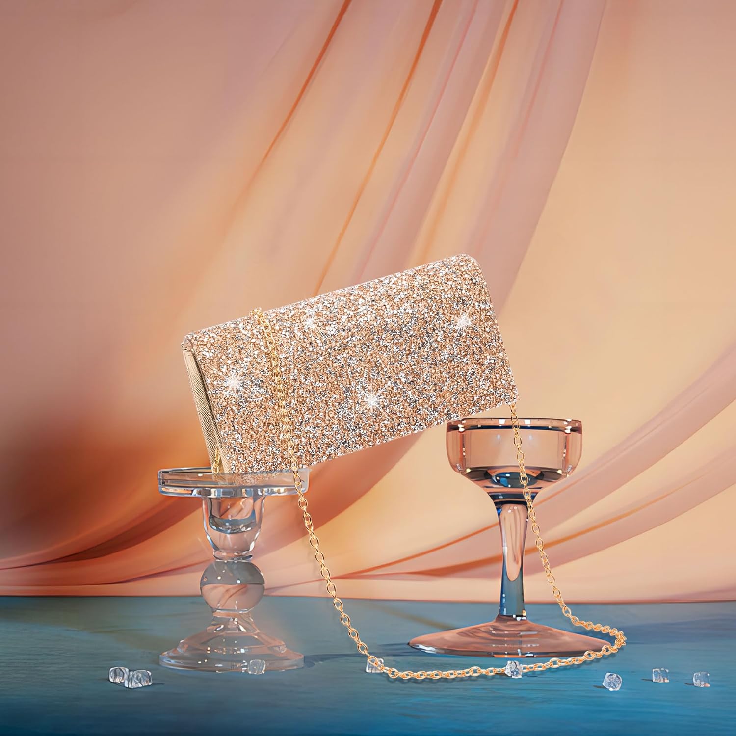 Larcenciel Women's Evening Handbags, Bling Rhinestone Purse w/Chain, Stunning Rose Gold Envelope Clutch Bag, Formal Shoulder Crossbody Bag for Prom, Bachelor Party, Wedding Cocktail Date,7.9x3.9x1.8in - Image 7