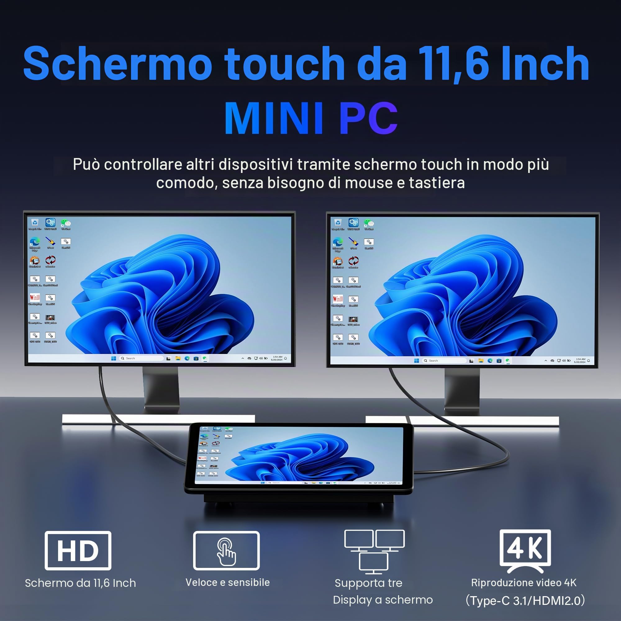 Computer Mini PC Mini Desktop PC Win 11 N5095, 8GB RAM, 128GB eMMC, Touchscreen PC-mini da 11,6 Pollici, 4K Doppia Uscita Display HDMI 2,0 Type-C3.1, WiFi5.0, BT5,0, Doppio RS232