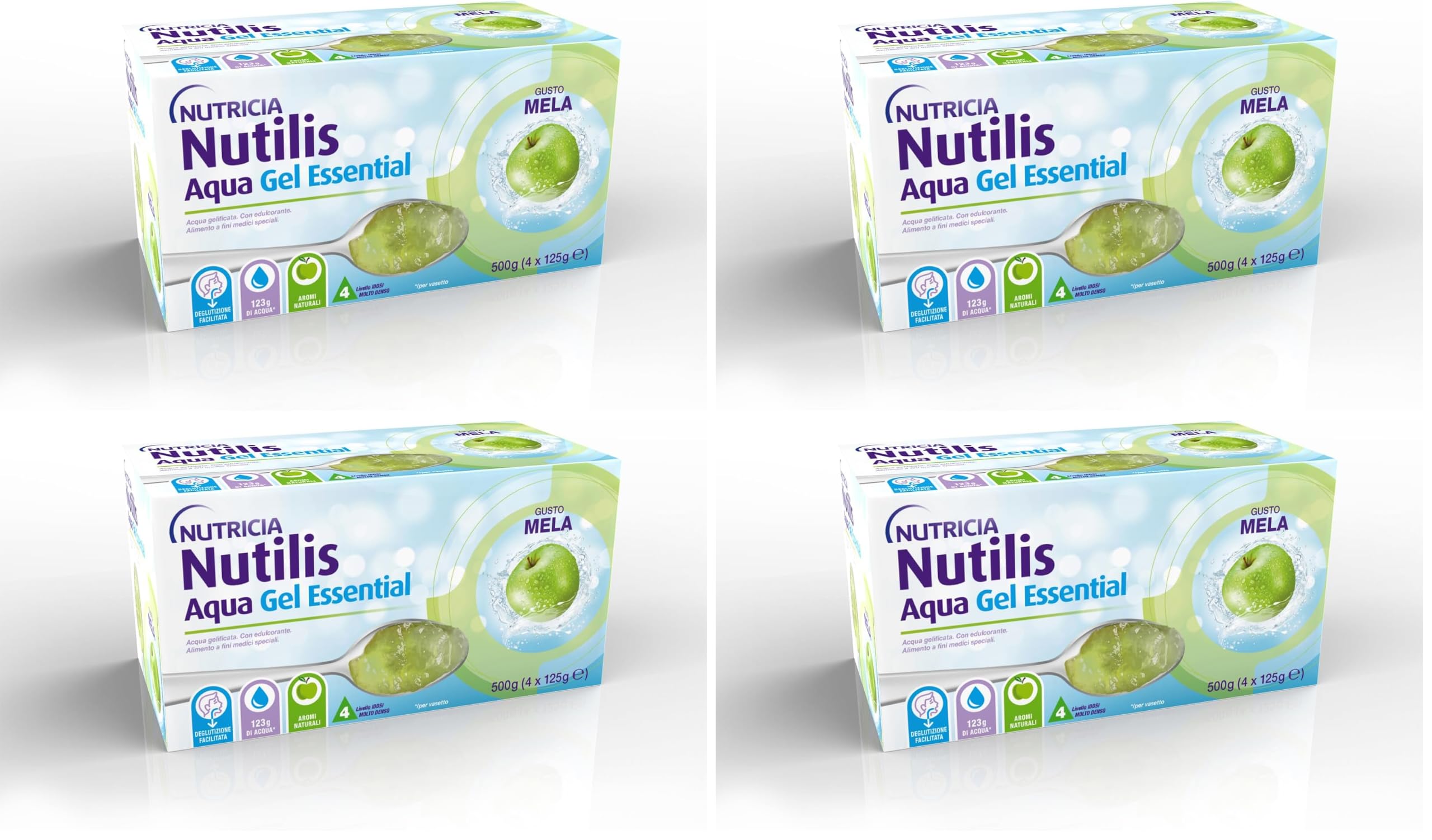 NUTILIS AQUA GEL ESSENTIAL - Acqua Gelificata per la Gestione Dietetica della Disfagia, Senza Zucchero, Glutine e Lattosio, Alimento a Fini Medici Speciali, Gusto Mela - 4 x 125g (Confezione da 4)
