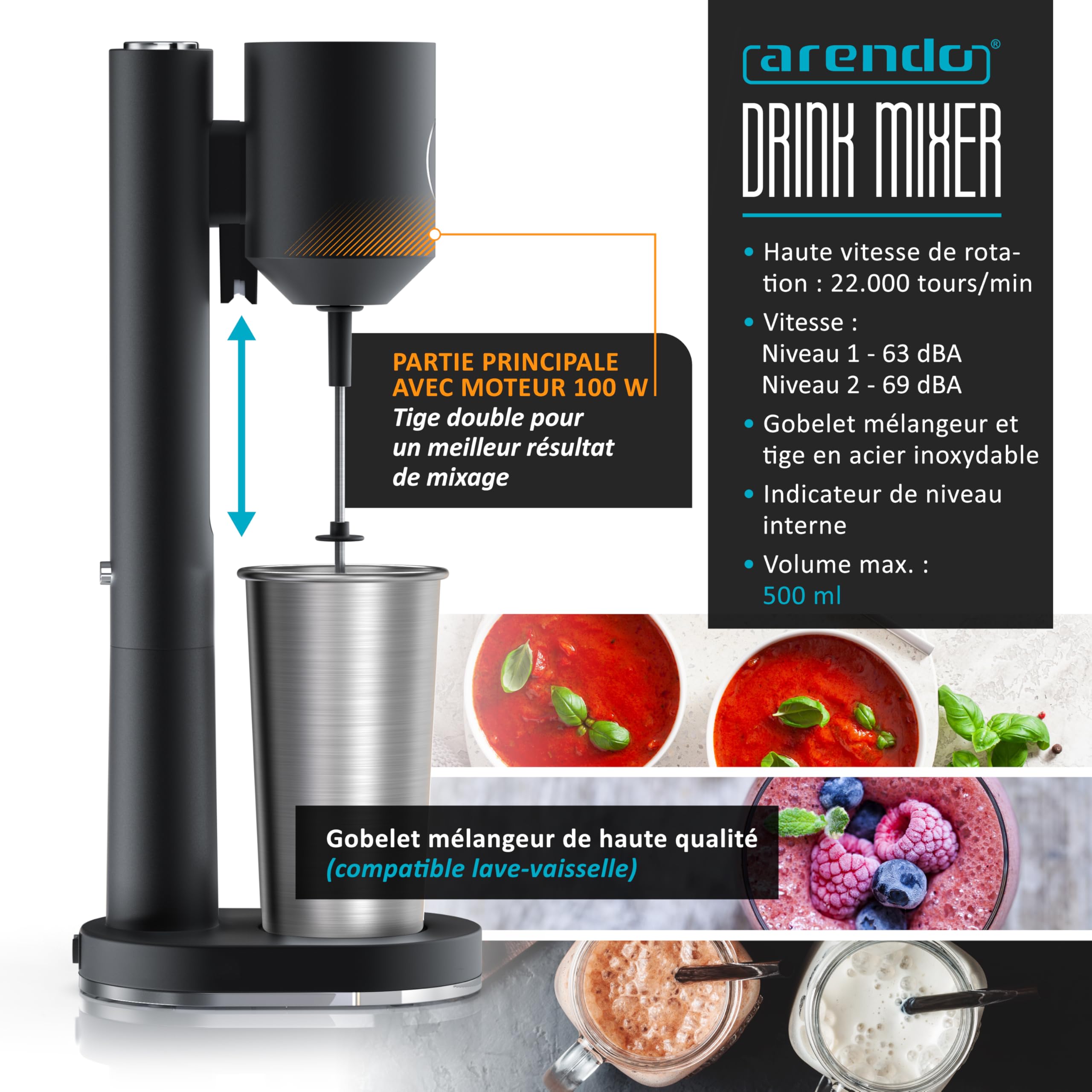 Arendo - Mixeur à Boissons et Milkshakes avec Gobelet en Inox 500 ml/250 ml - 100W, 22 000 tr/min, 2 Vitesses, Double Fouet