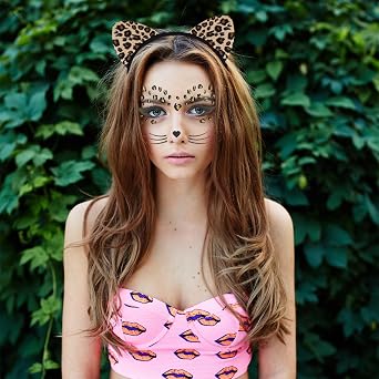Leopard Cheetah Ears Headband with Tattoos for Women Leopard Cat Ears Headpiece with Face Stickers Cosplay Supply