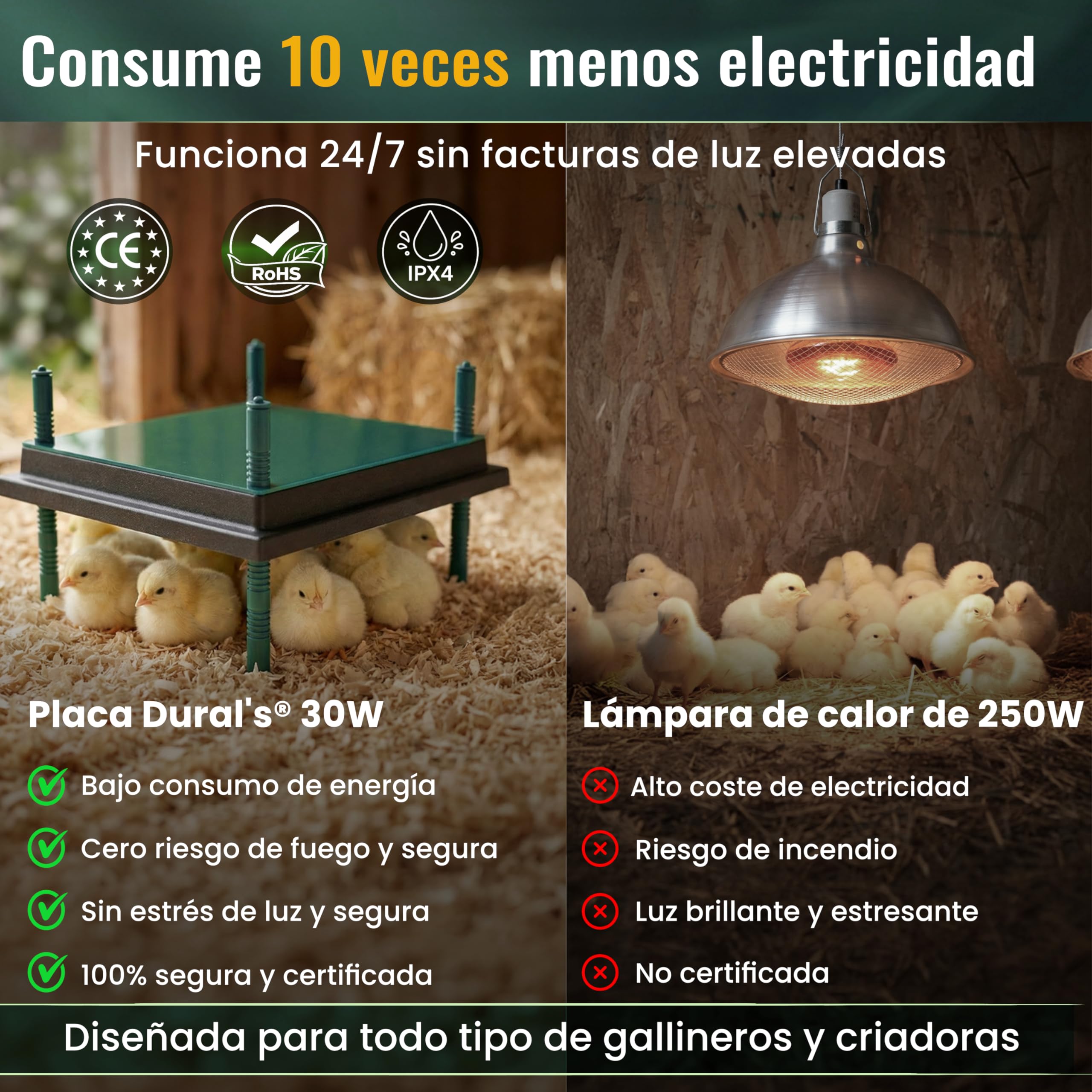 Dural’s® Placa Calefactora Pollitos (-80% de Energía) con Cubierta - Panel de Cría 30W (25-30 Pollitos) - Altura Ajustable - Calor Suave Anti-Estrés (Cuadrada: 35x35 cm (capacidad 25-30 pollitos))