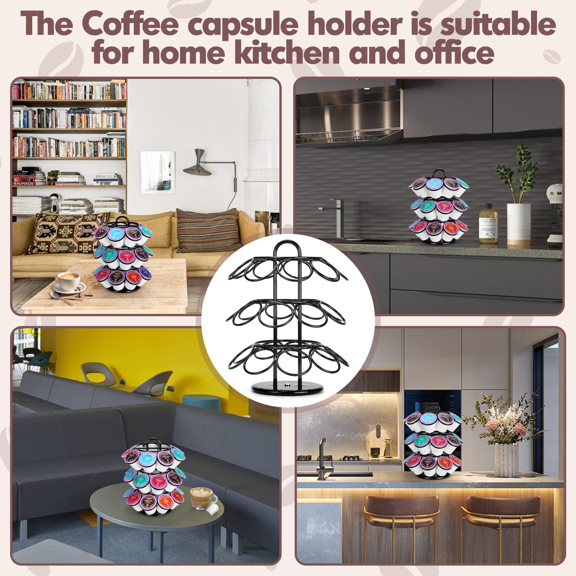 ROWISE Soporte para cápsulas de café, soportes para tazas K, carrusel de cápsulas de café de 3 niveles compatible con tazas K (27 cápsulas), gira 360 grados, diseño negro moderno