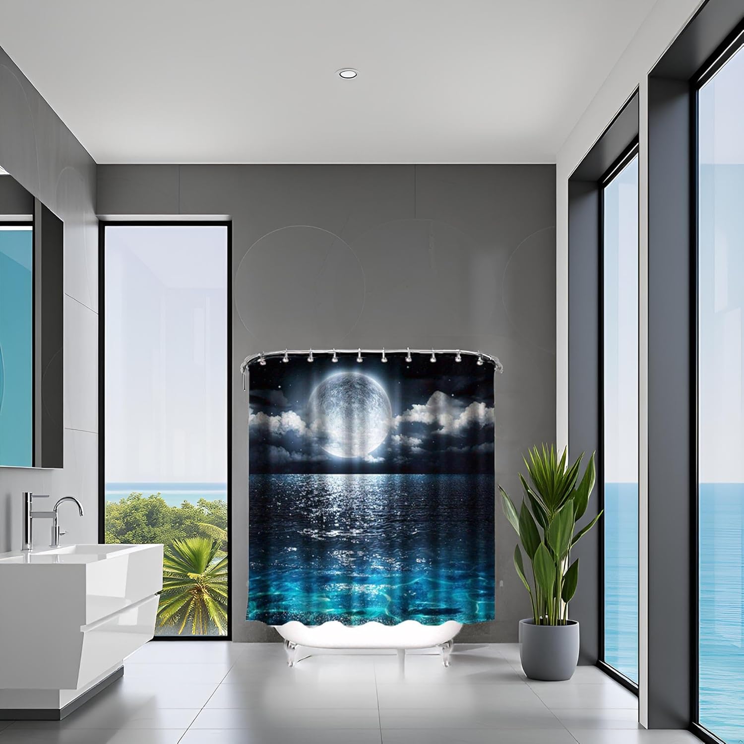 Shower Curtain Full Moon Over Ocean Landscape Waterproof Fabric Shower Curtain for Bathroom Decor Set with Hooks 72 x 72 Inches