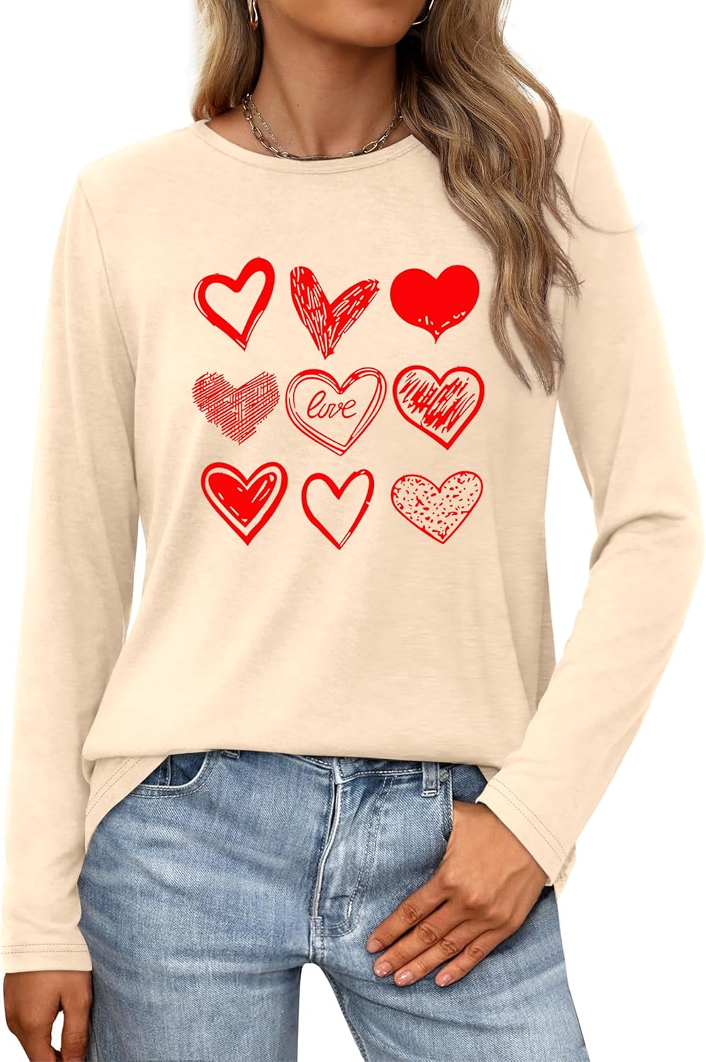 Valentines Shirts for Women Love Heart Casual Funny Long Sleeve Tee Tops