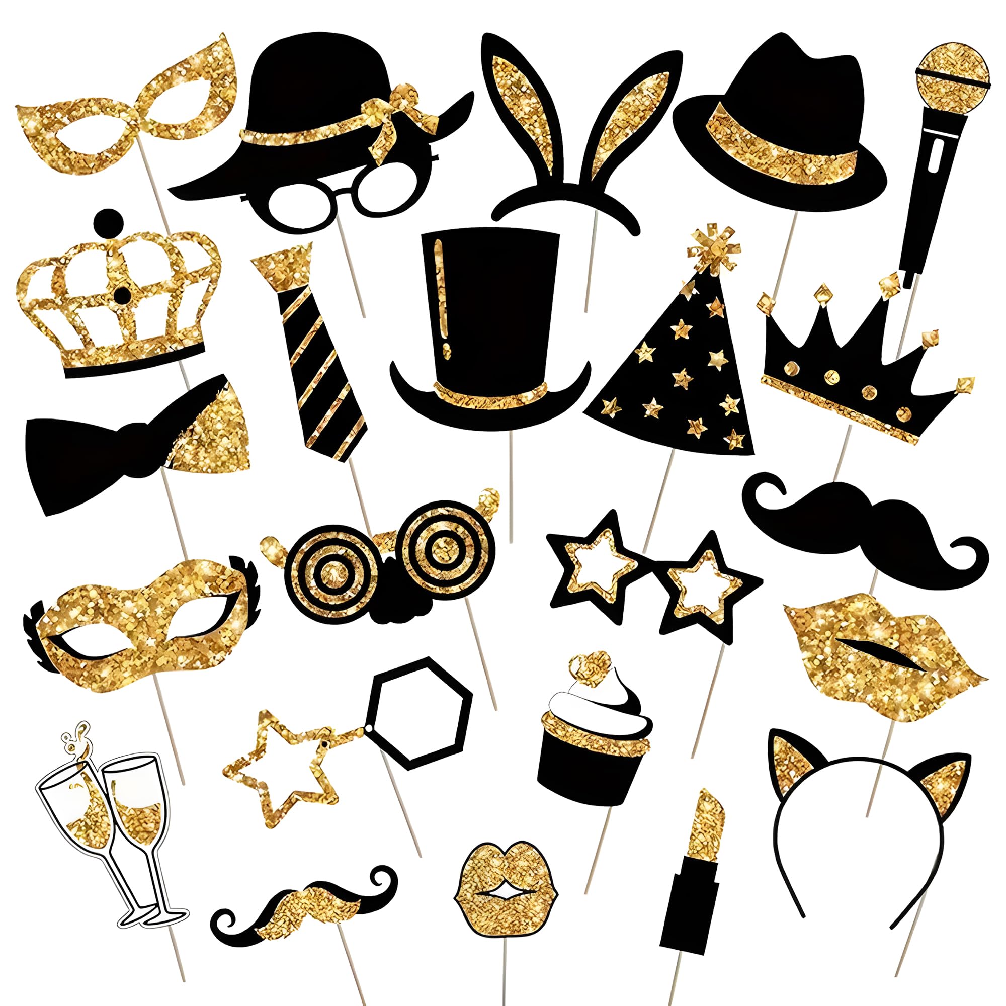 24PCS Photo Booth Props Kit - Funny Black and Gold Party Decorations for Adults & Kids, Perfect for Birthday, Wedding Decorations,Theme Party