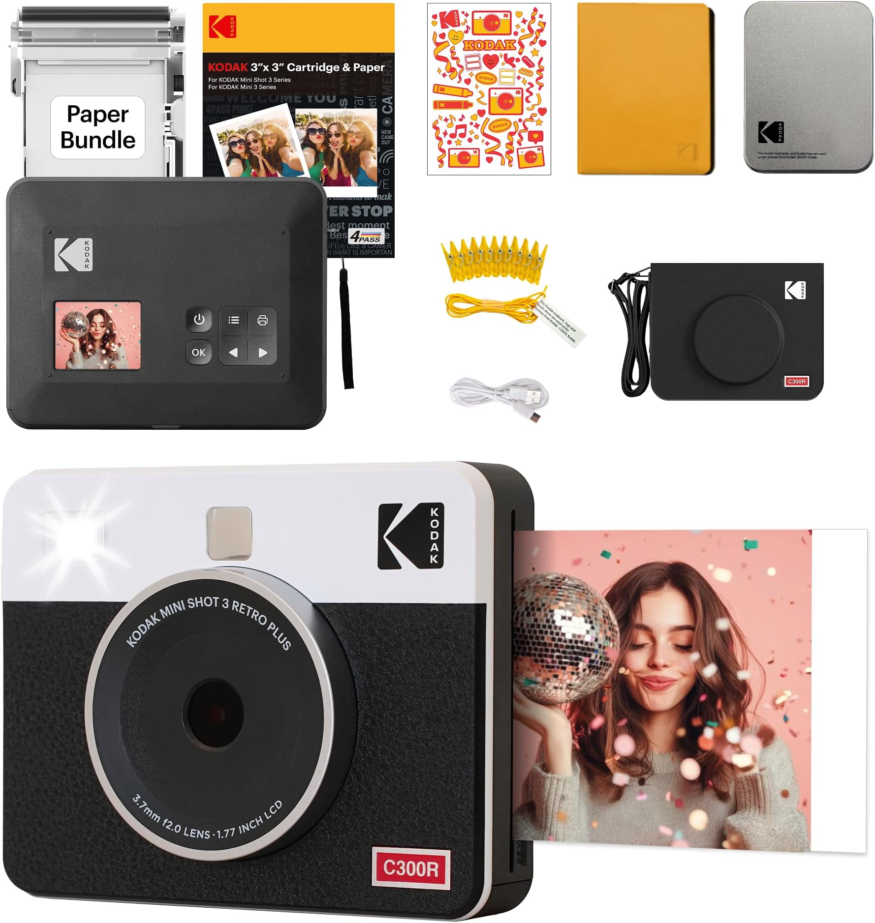 Mini Shot 3 Retro 4PASS 2-in-1 Instant Digital Camera and Photo Printer (3x3 inches) Initial 8 Sheets + 30 Sheets Gift Bundle, White (NOT Zink)
