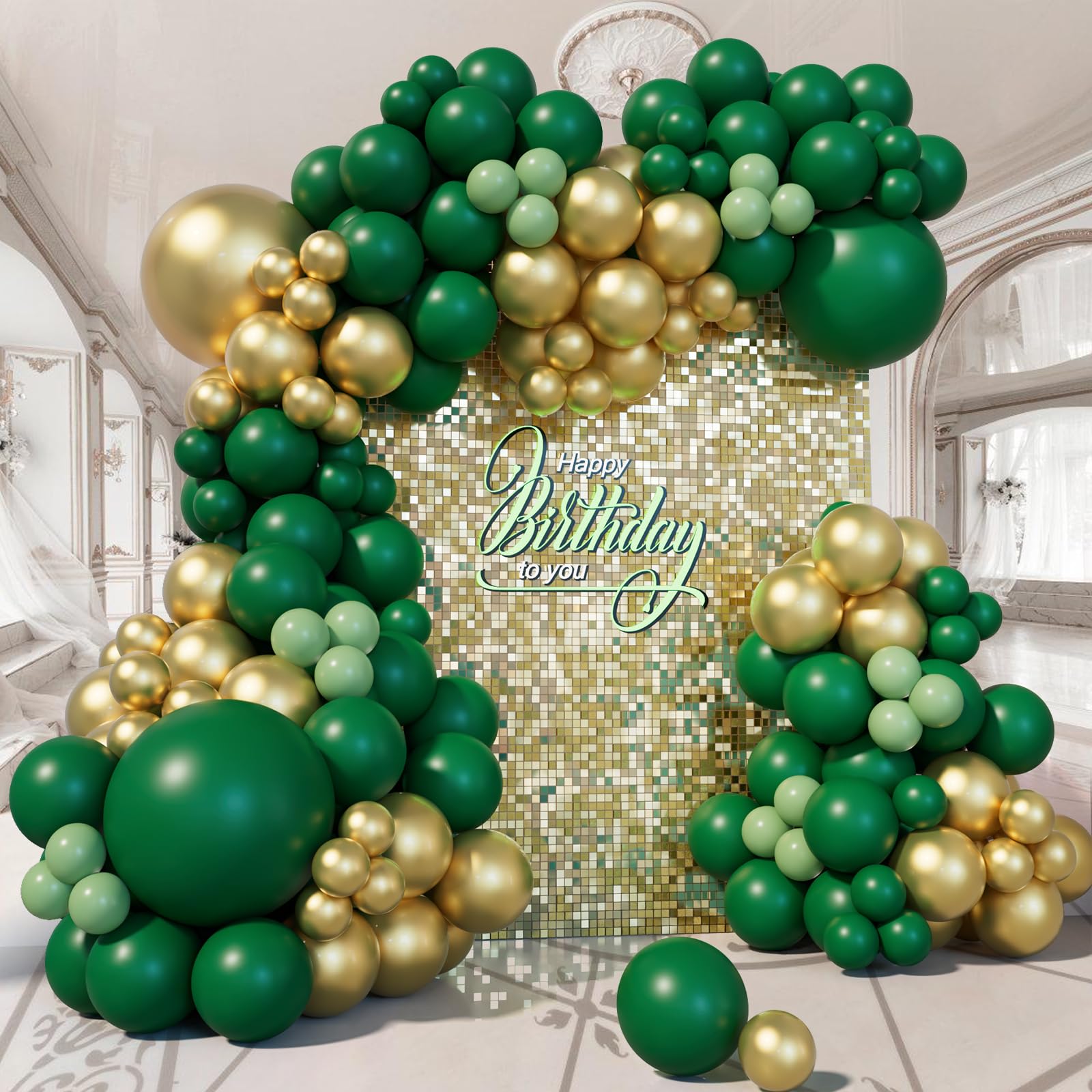 151pcs Green and Gold Balloon Arch Kit, Emerald Forest Hunter Dark Green Metallic Gold Sage Green Balloons for Birthday, Baby Shower, Gender Reveal,