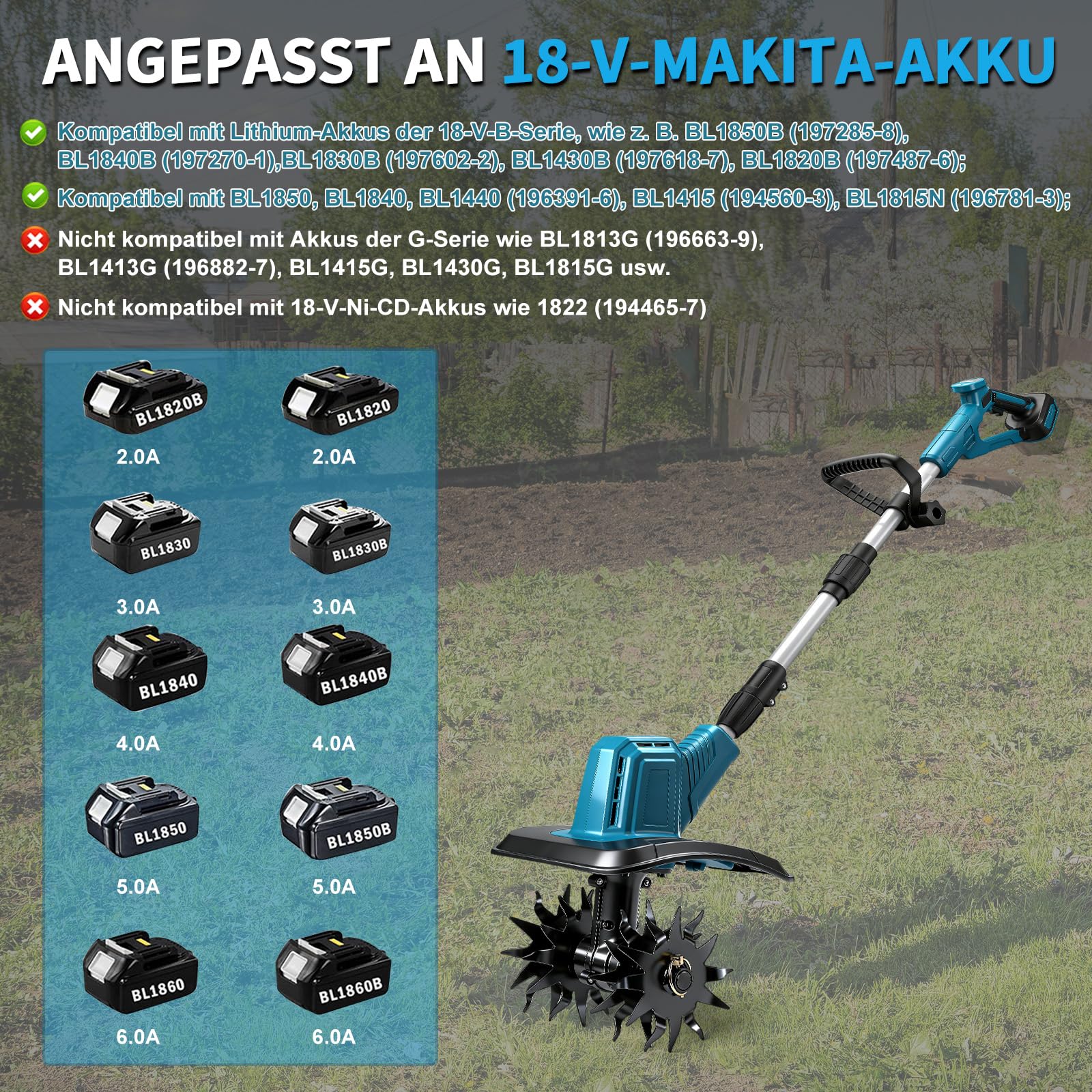 Akku-Bodenhacke für Makita 18V Batterie,360 U/min Motor, 20cm Arbeitsbreite & 16cm Arbeitstiefe für Beet, Arbeitstiefe für Beet, Acker & Landwirtschaft(Ohne Akku)