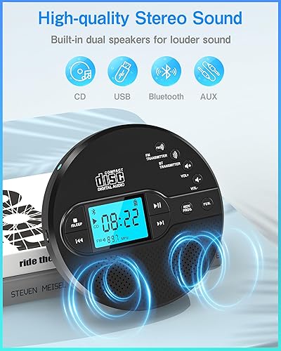 Miniatura 6 de Reproductor de CD portátil con Bluetooth, reproductor de CD con transmisor FM y altavoces para automóvil, reproductor de CD recargable con