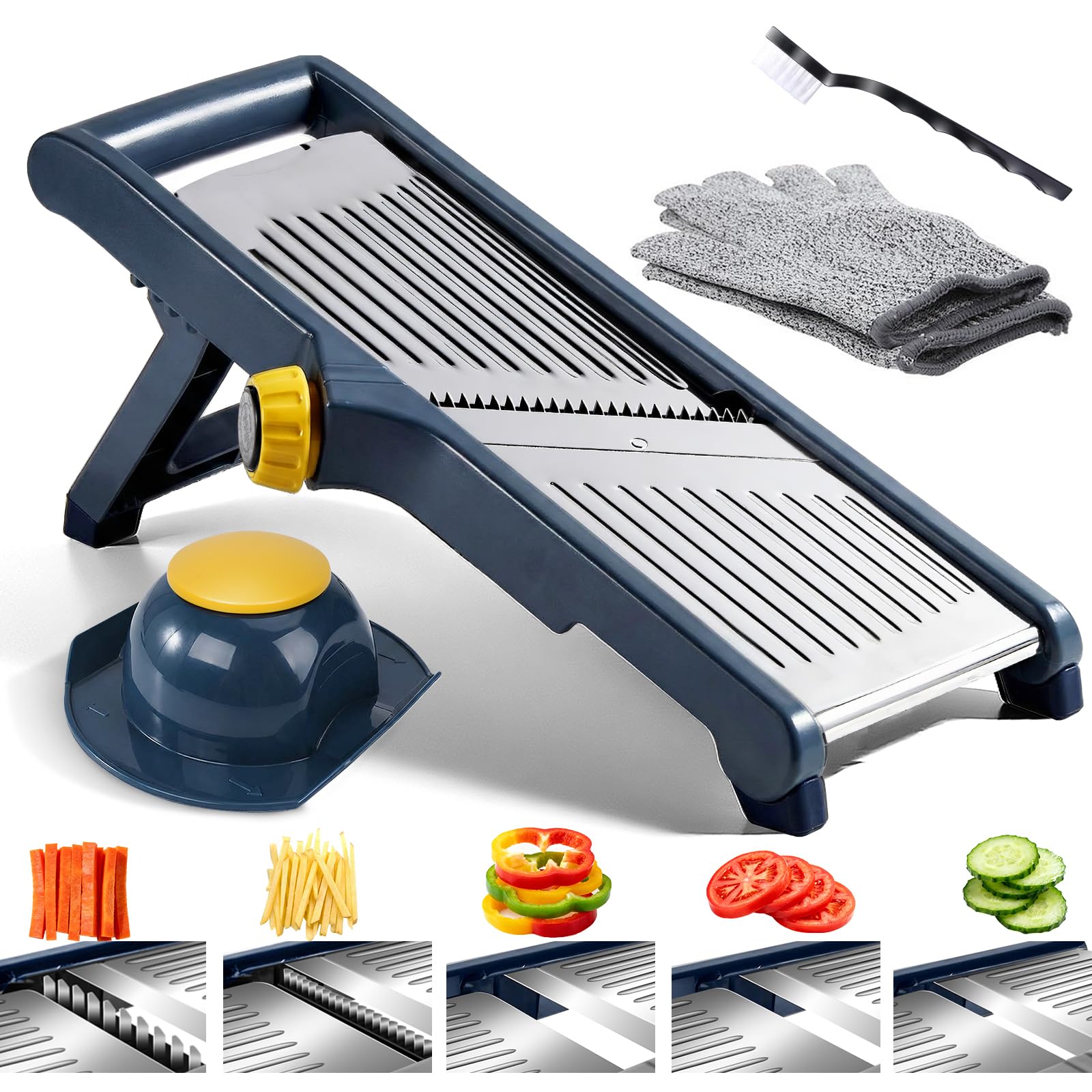 Masthome 5-in-1 Adjustable Mandoline Vegetable Slicer-Stainless Steel Food Slicer-1-9mm Precision Slicing and 4.5/9mm Julienne-Foldable and Dishwasher Safe-with Cut-Resistant Gloves and Cleaning Brush