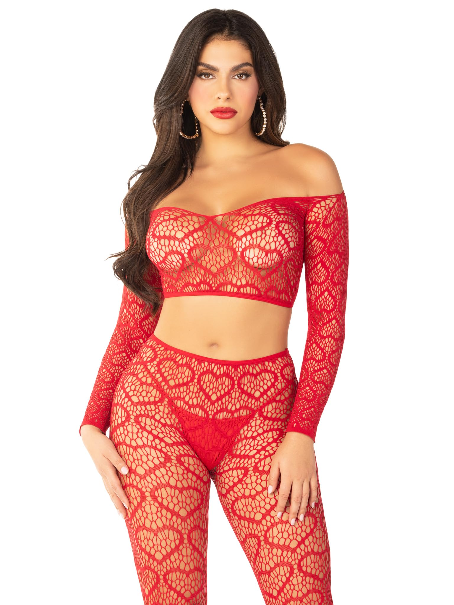 Leg Avenue womens Heart Net Off the Shoulder Crop Top and Footless Tights, Red, One Size