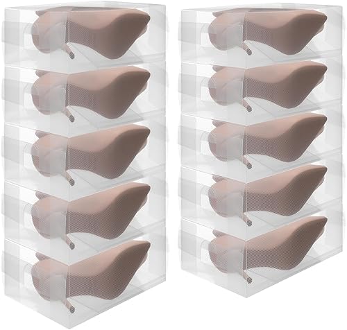 Miniatura 10 de 24 cajas de zapatos para mujer, de plástico transparente, apilables, plegables, resistentes, para armario, apartamentos, espacios pequeños,