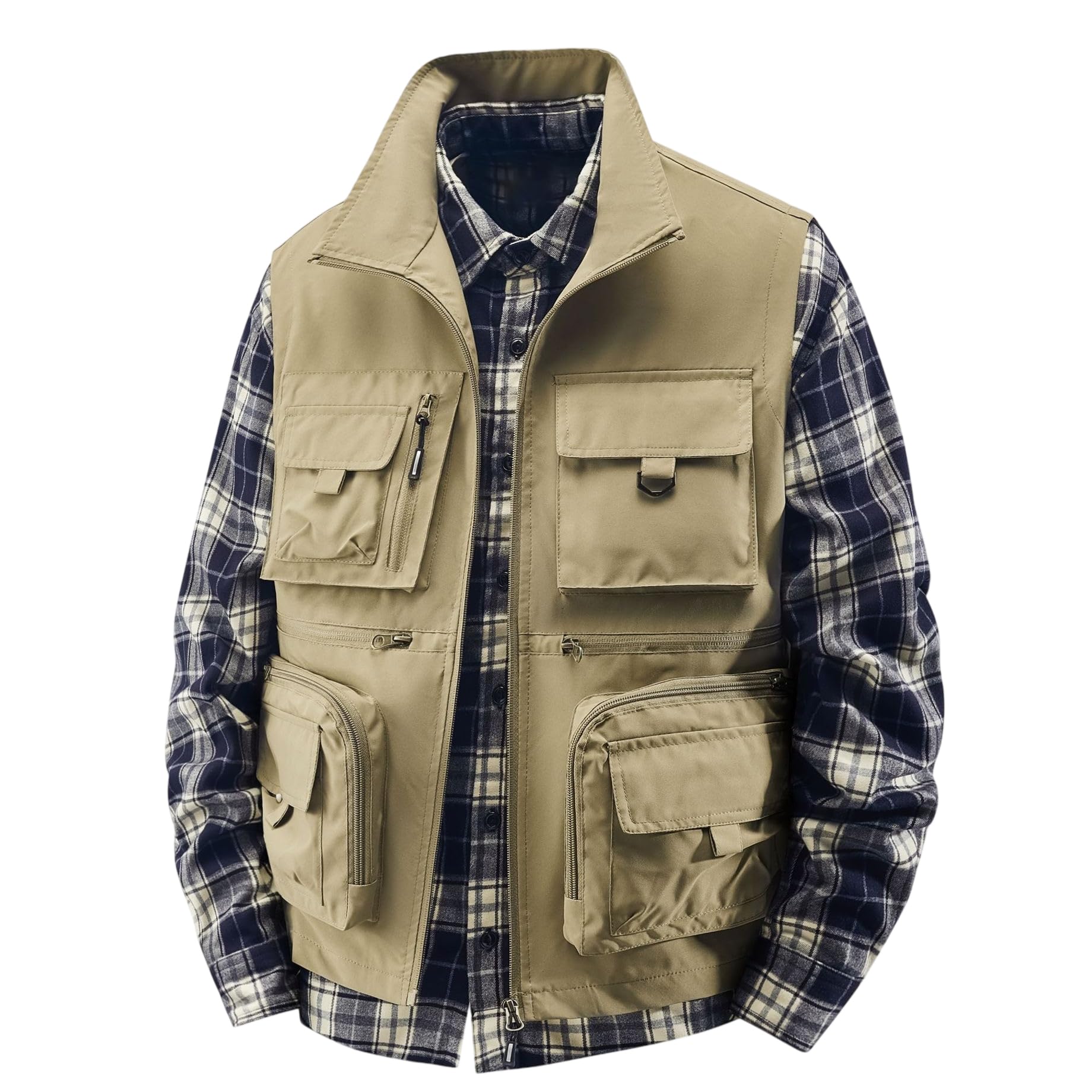 Gilet leggero da uomo per pesca e fotografo, con tasche multiple, gilet da lavoro in stile cargo, colletto alto, cerniera frontale