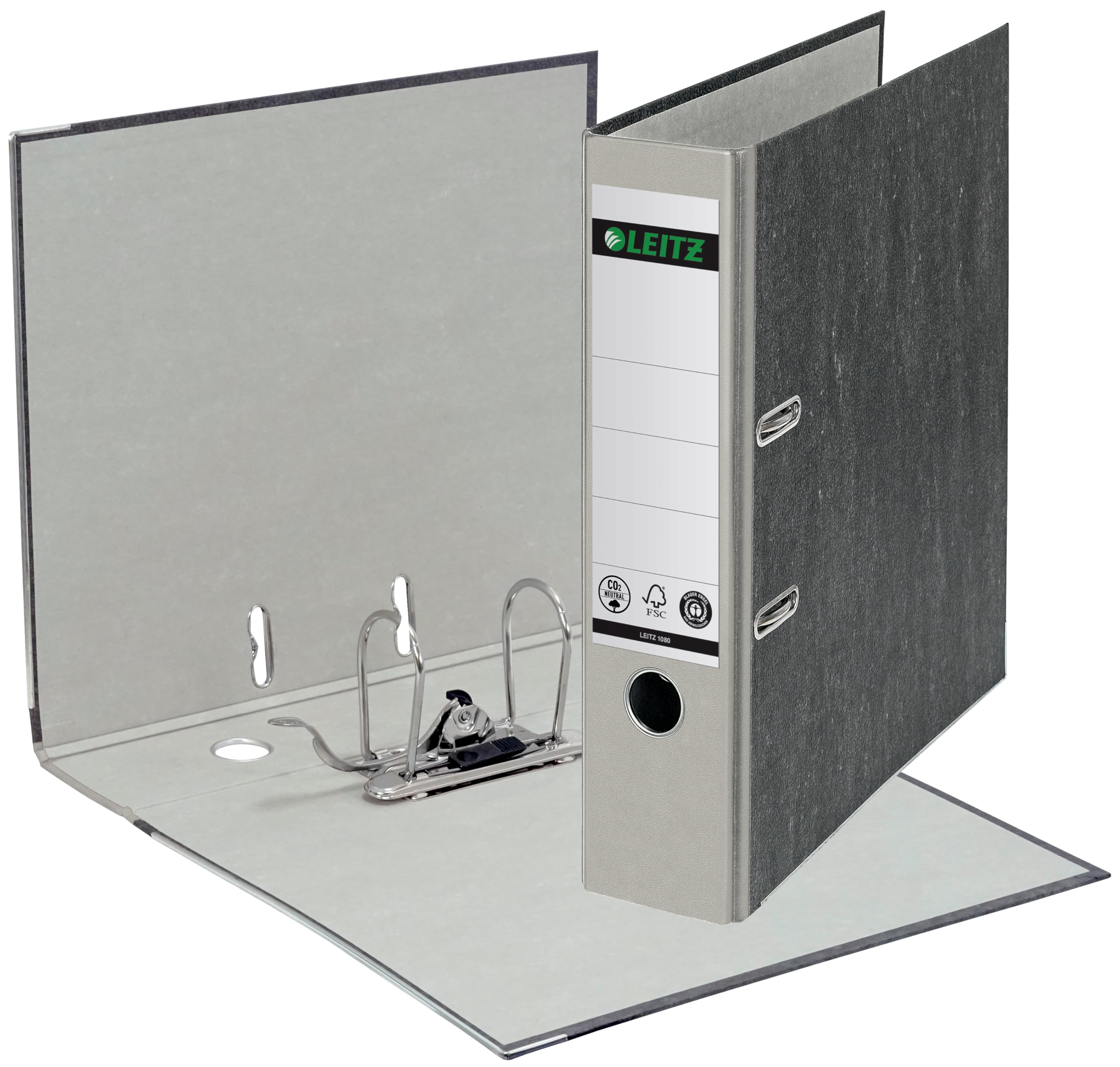 Leitz Qualitäts-Ordner 180°, 20er Pack, A4, klimaneutral, 100% recycelter Karton, 8 cm Rückenbreite, Wolkenmarmor-Papier (Grau)