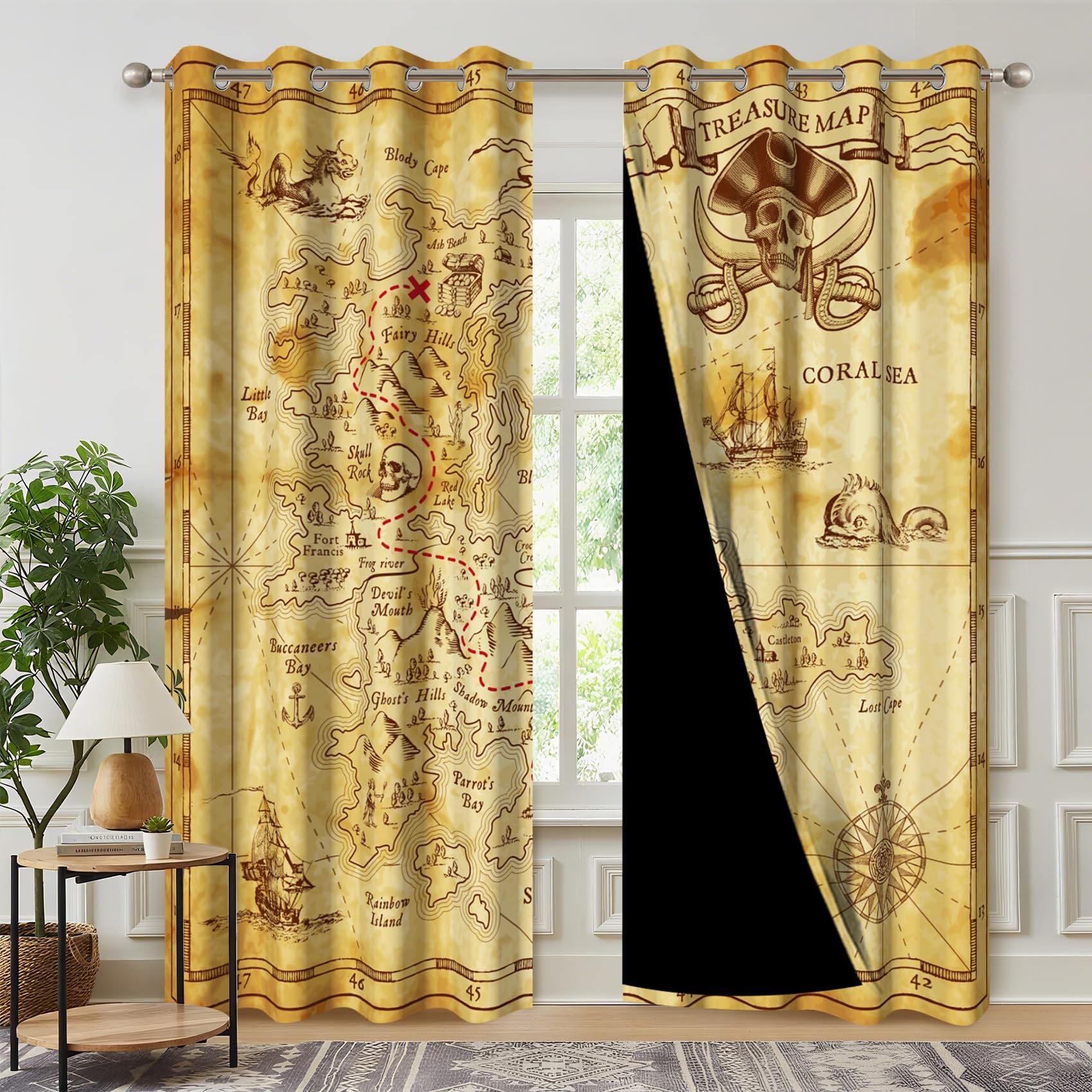 Kzzfqxb Old Treasure Map Blackout Curtains, 3D Print Pirate Window Drapes for Living Room, Curtain Panel with Thermal Insulated Grommet,2 Panels,Each
