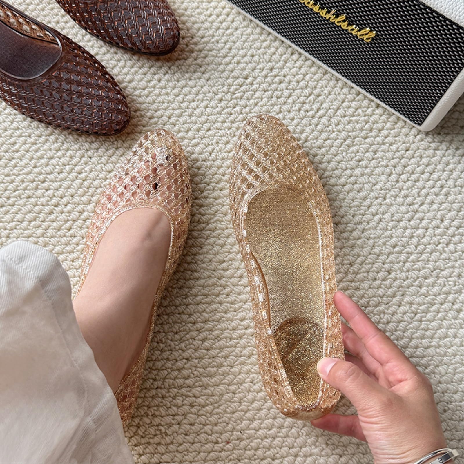 Jelly Mesh Shoes Women Summer Pointed Women's Version Hollow Flat Toe With Hole Single Shoe Shallow Mouth Beach Sandals