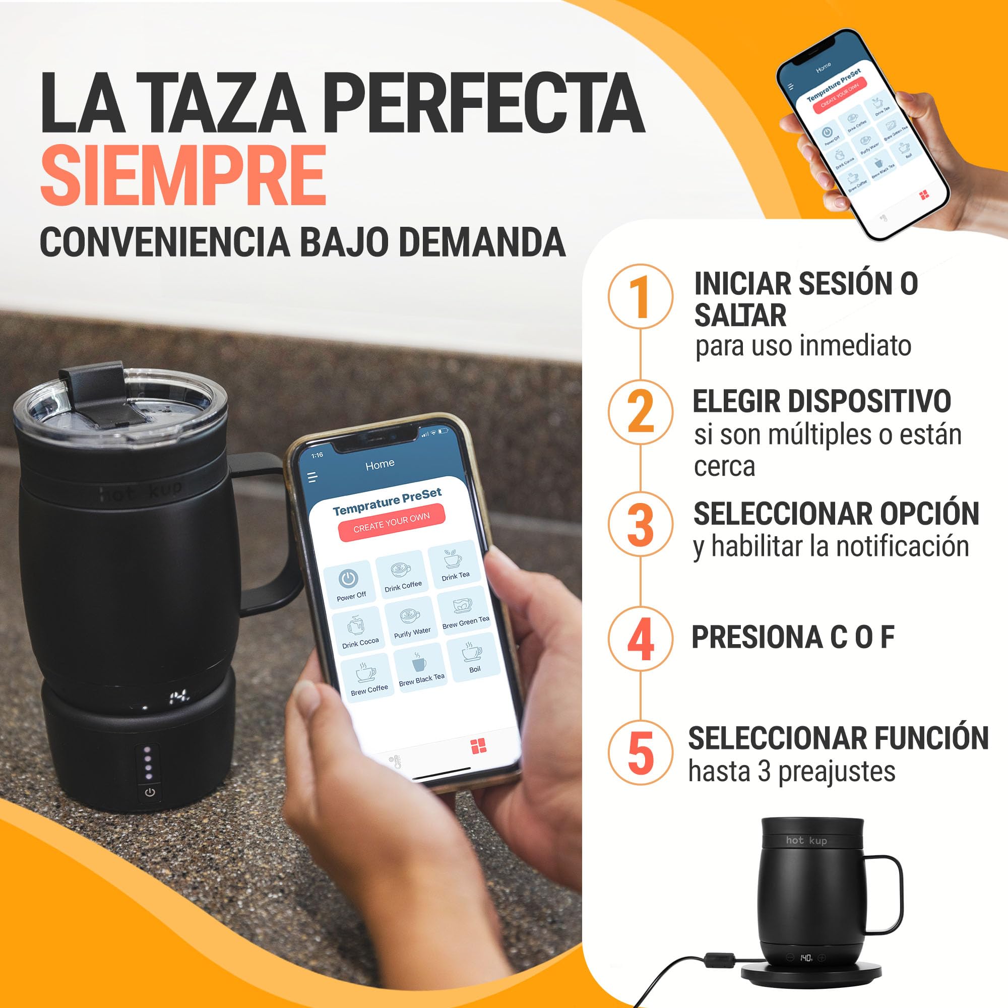 Hot Kup - Taza inteligente autocalentable con base eléctrica portátil opcional, Calentar y Preparar Bebidas Calientes - Control Total de Temperatura para Café, Calentar leche y Purificar agua - Blanco