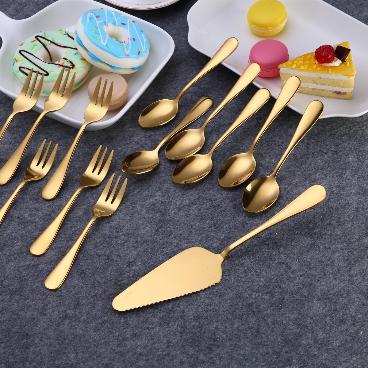 Get Special Price Gold Cake Serving Set, Berglander Stainless Steel Titanium Gold Plating Cake Server, Cake Fork, Dessert Spoon For Birthday, Wedding, Gift for Birthday, Gift Wedding and Parties Pack of 13pcs