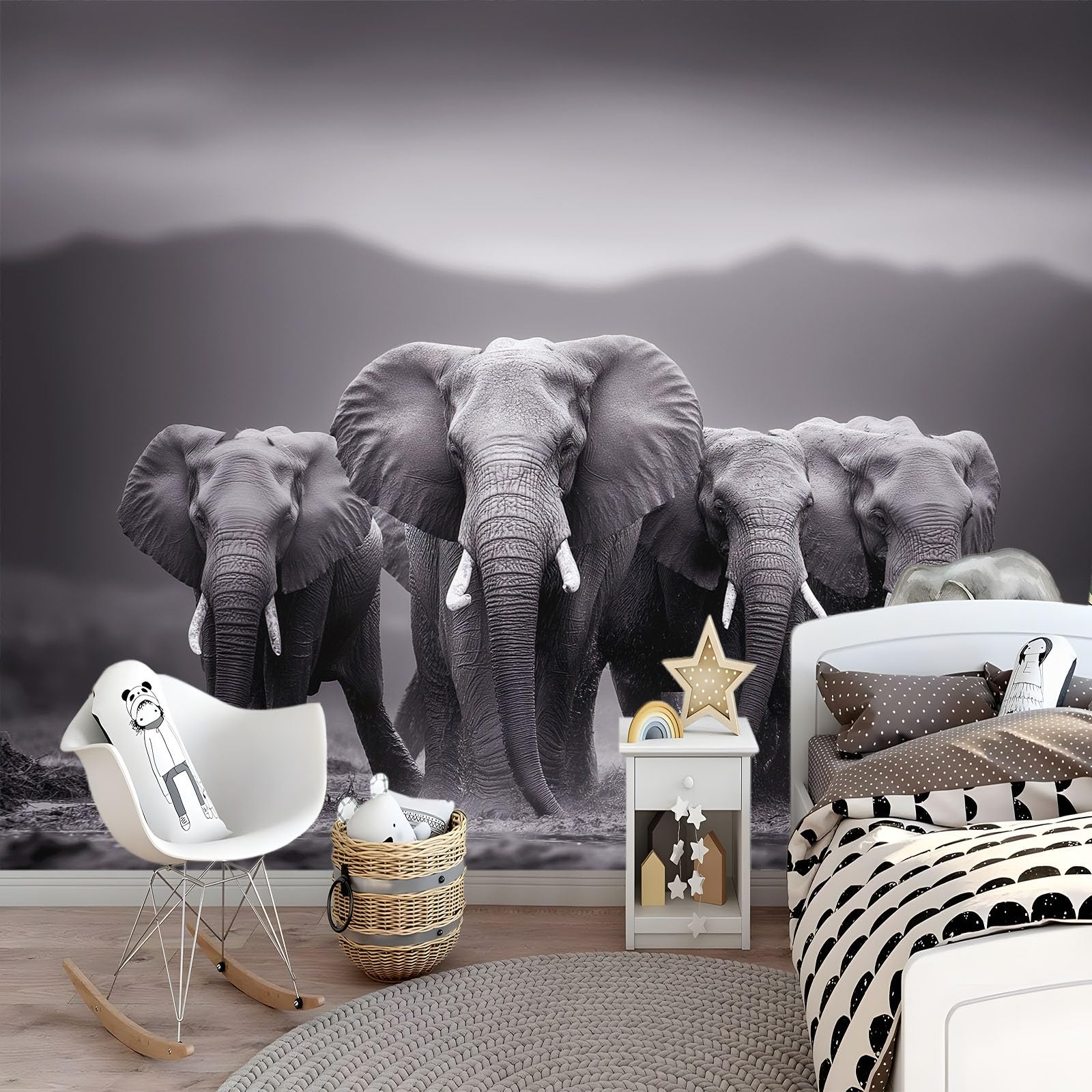 Tapeta dziecięca 3D nowoczesne czasy łąki migracja słonie 200 x 140 cm - fototapeta do pokoju chłopców i dziewcząt z włókniny premium - artystyczny wzór marzeń szary