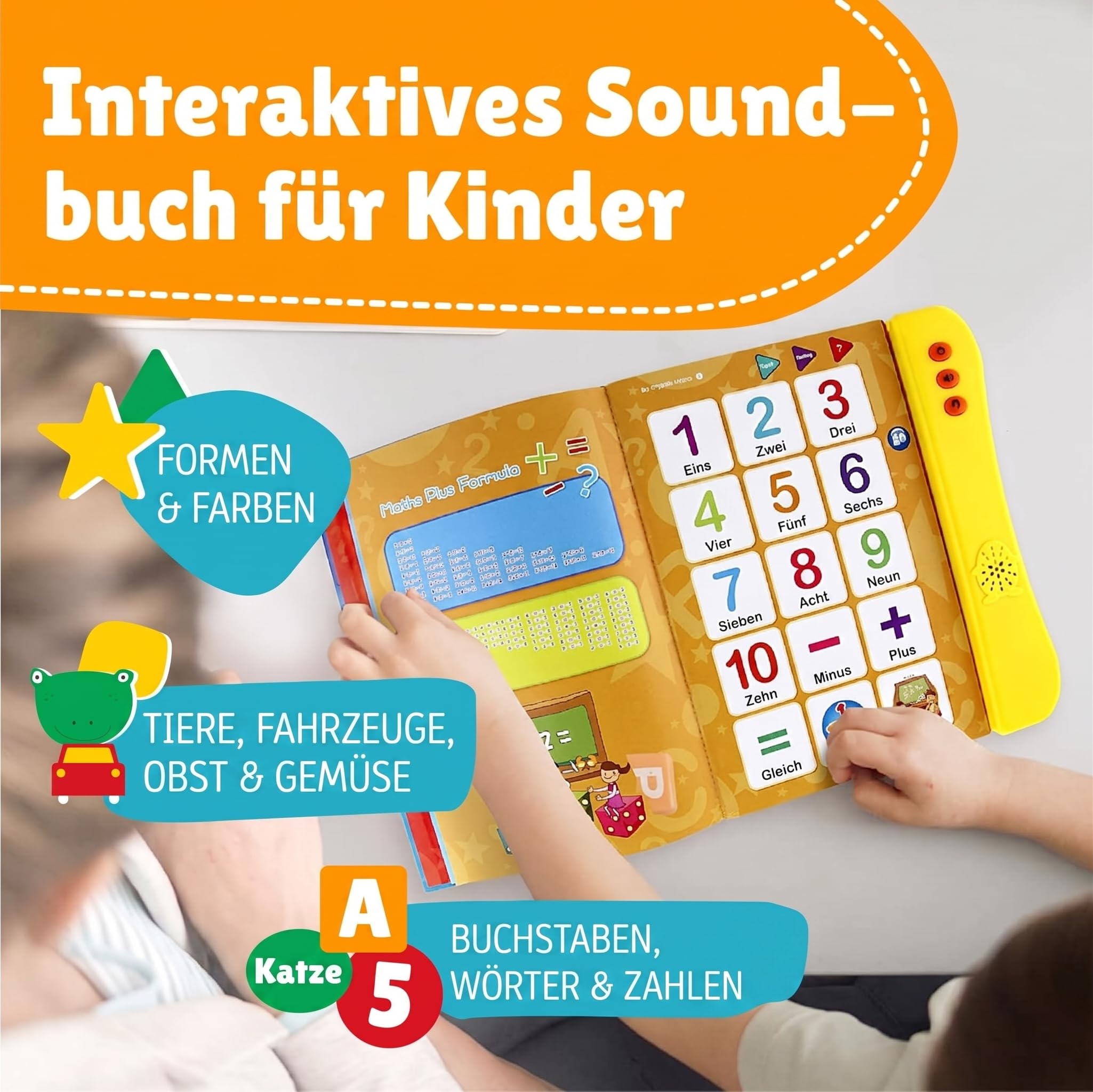 Englisch Lernen Kinder Soundbuch ABC, Interaktives Klangbuch Englisch mit 100+ Tönen, 8 Lernseiten und 3 Lernmodi, Lernspielzeug für Buchstaben, Wörter, Zahlen, Formen und Tiere ab 3 Jahre