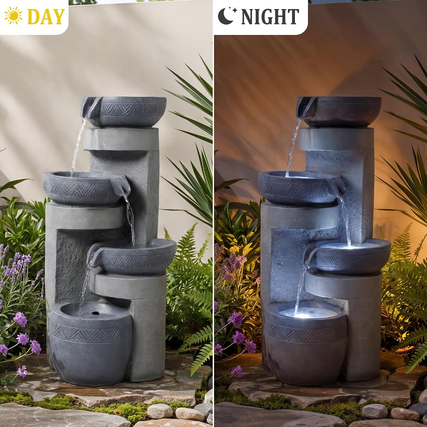 31.5" Tall Outdoor Water Fountain, 4 Tier Cascading Bowls and Stacked Water Fountain with LED Lights, for Yard Décor, Backyard, Patio and Deck (31.5'')