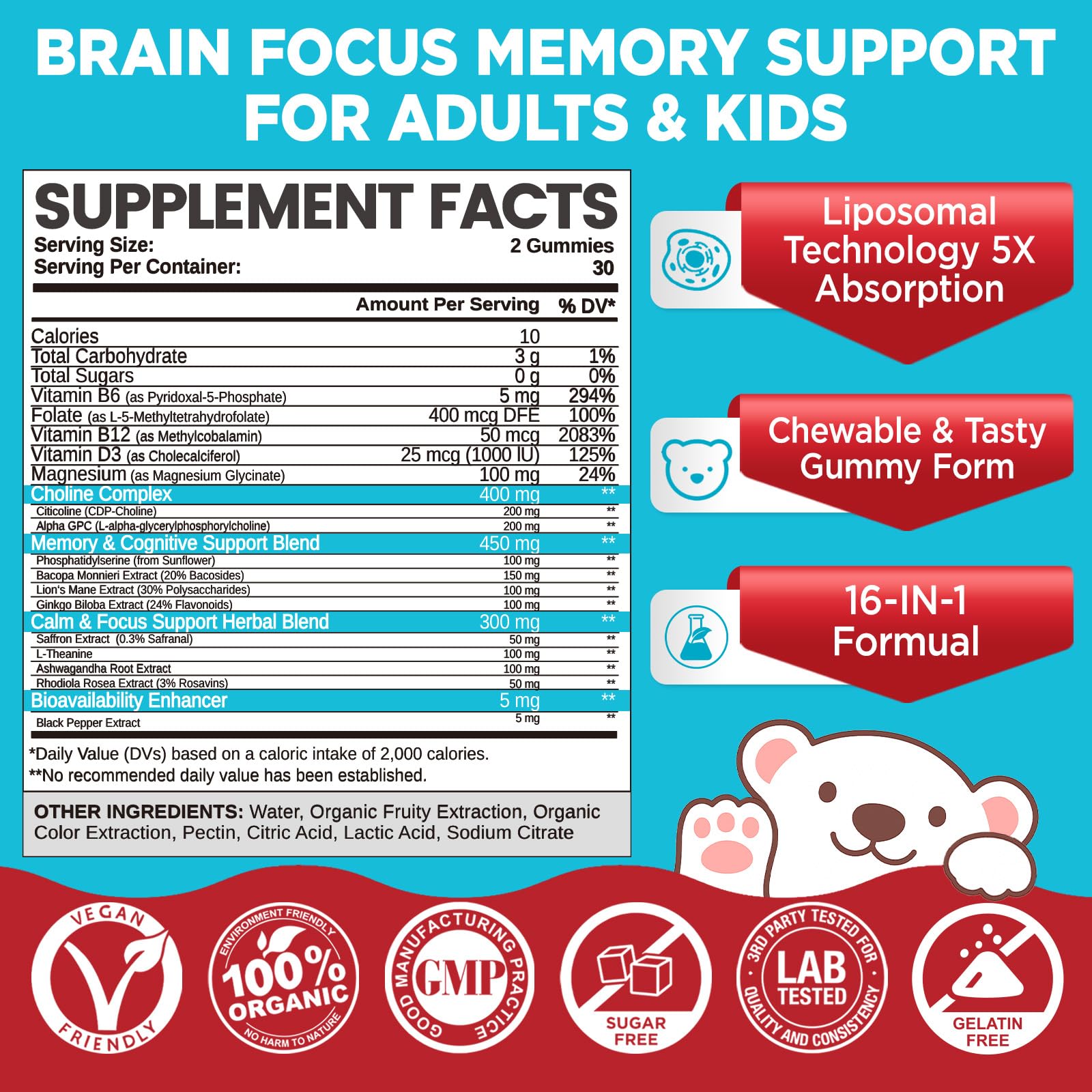 Brain Supplement Gummy,Choline + Phosphatidylserine + Lion’s Mane — Amazon image 2