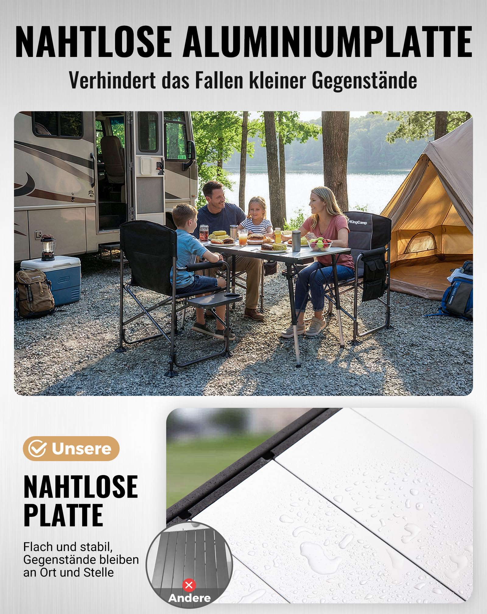 KingCamp Campingtisch Klappbar Extra Groß Höhenverstellbar, 140x70cm 48-70cm Mit Aufbewahrungstaschen, Leicht & Stabil Für Garten, Balkon & Outdoor
