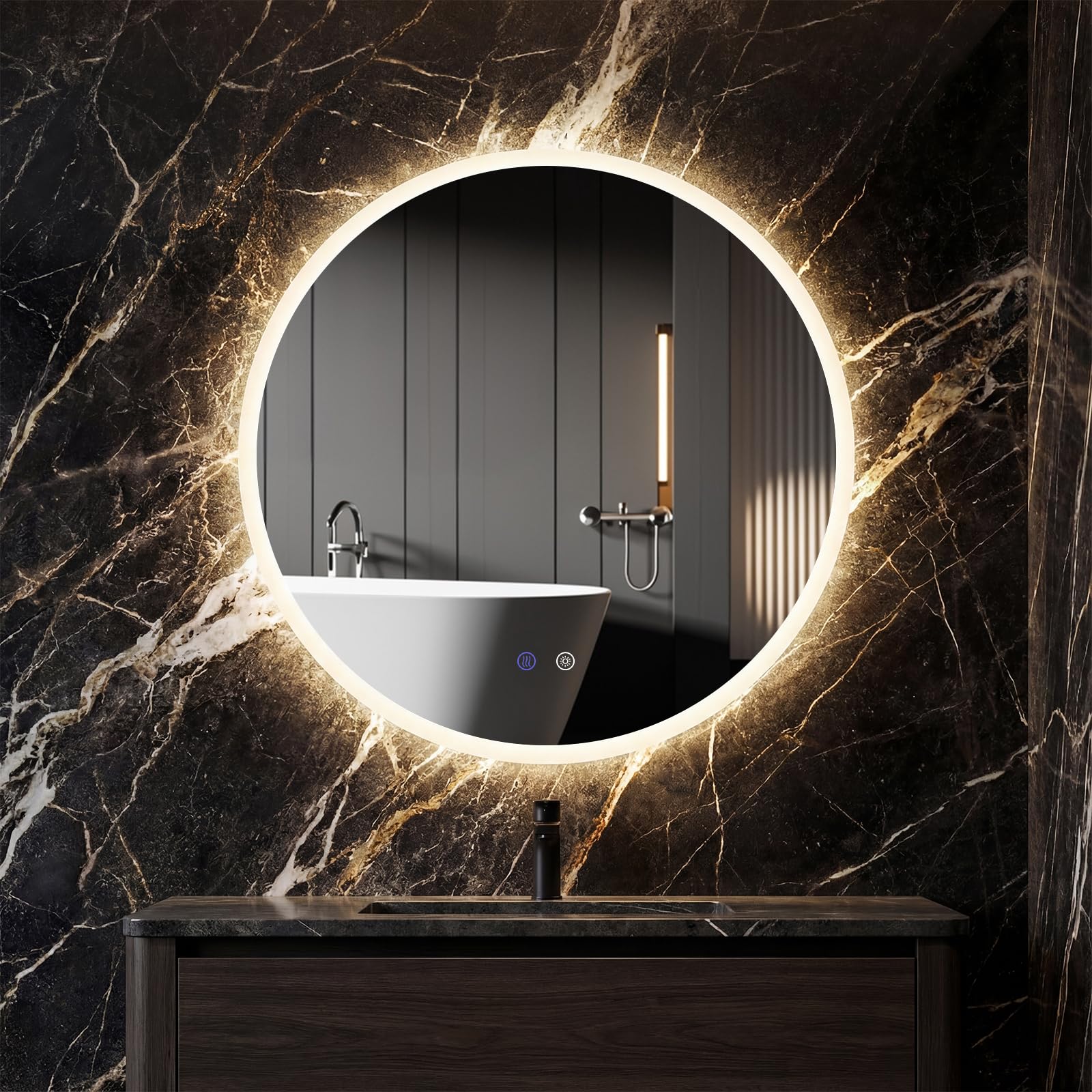 COSTWAY Specchio Rotondo con Luce 60 cm, Specchio Retroilluminato Bagno con 3 Colori Luce, Antideflagrante, Antiappannamento, Luminosità Regolabile, IP44, Memoria e Vetro Temperato HD (60 x 60 cm)
