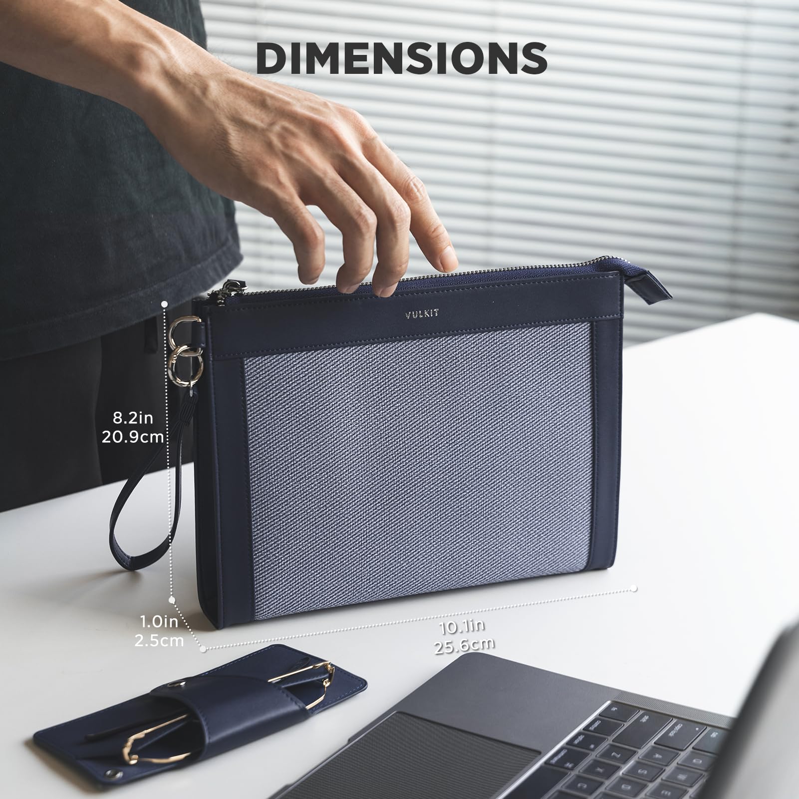 VULKIT Bolso de mano para hombre, con funda extraíble para gafas, cartera grande con cremallera, bolso de negocios, azul marino, Medium