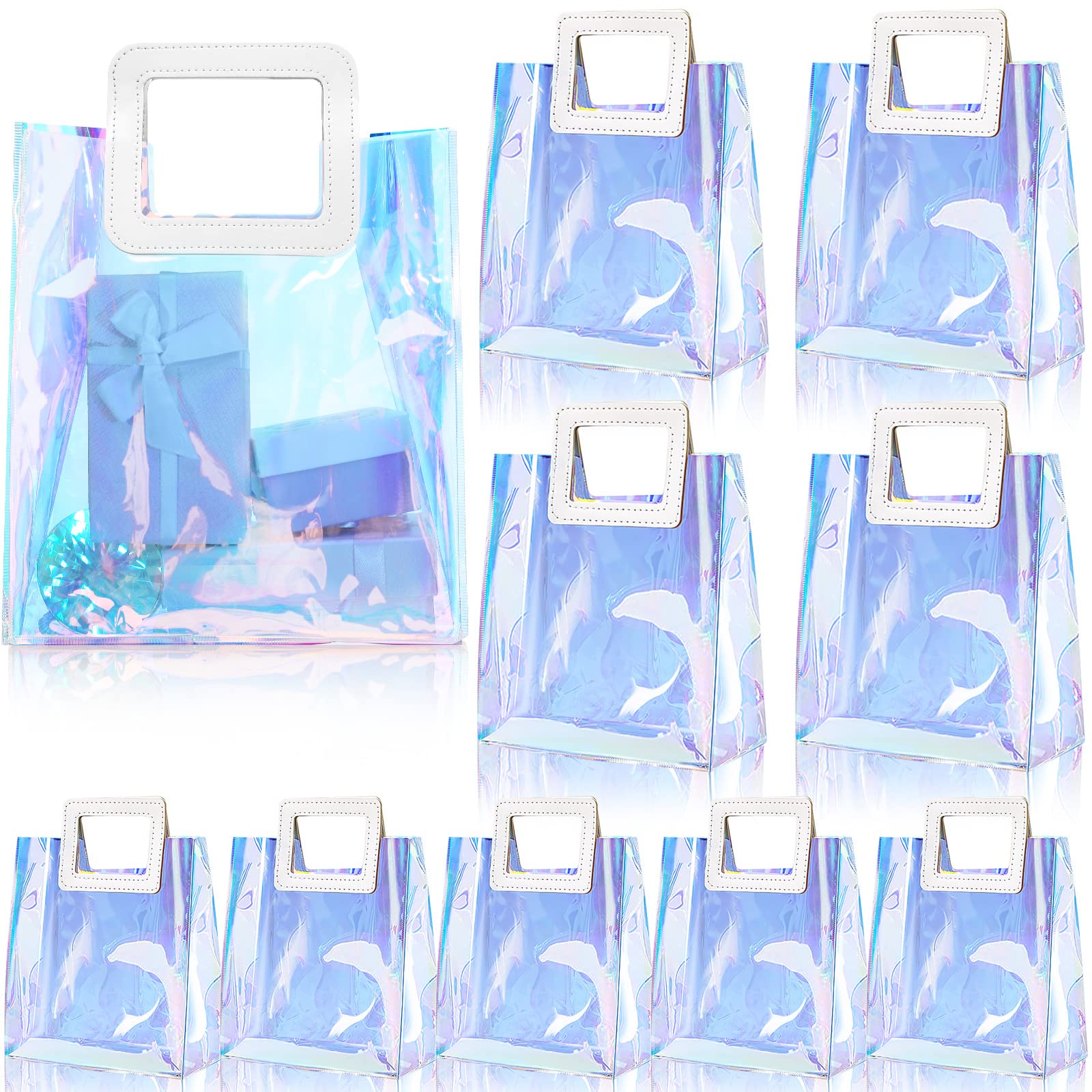 CHENGU 10 Pcs Holographic Gift Bags Iridescent Tote Bag 11x10x6 Inch Large Reusable Clear Birthday Handbag Handle PVC Wrap Shopping Bag Summer